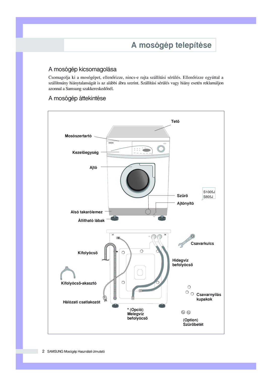 Samsung S1003JGW/XEH, S1003JGW3/XEH manual Mosógép telepítése, Mosógép kicsomagolása, Mosógép áttekintése 