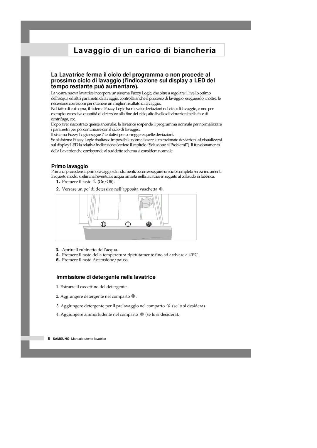 Samsung S1005JGW/XET, S803JGW/XET manual Primo lavaggio, Immissione di detergente nella lavatrice 