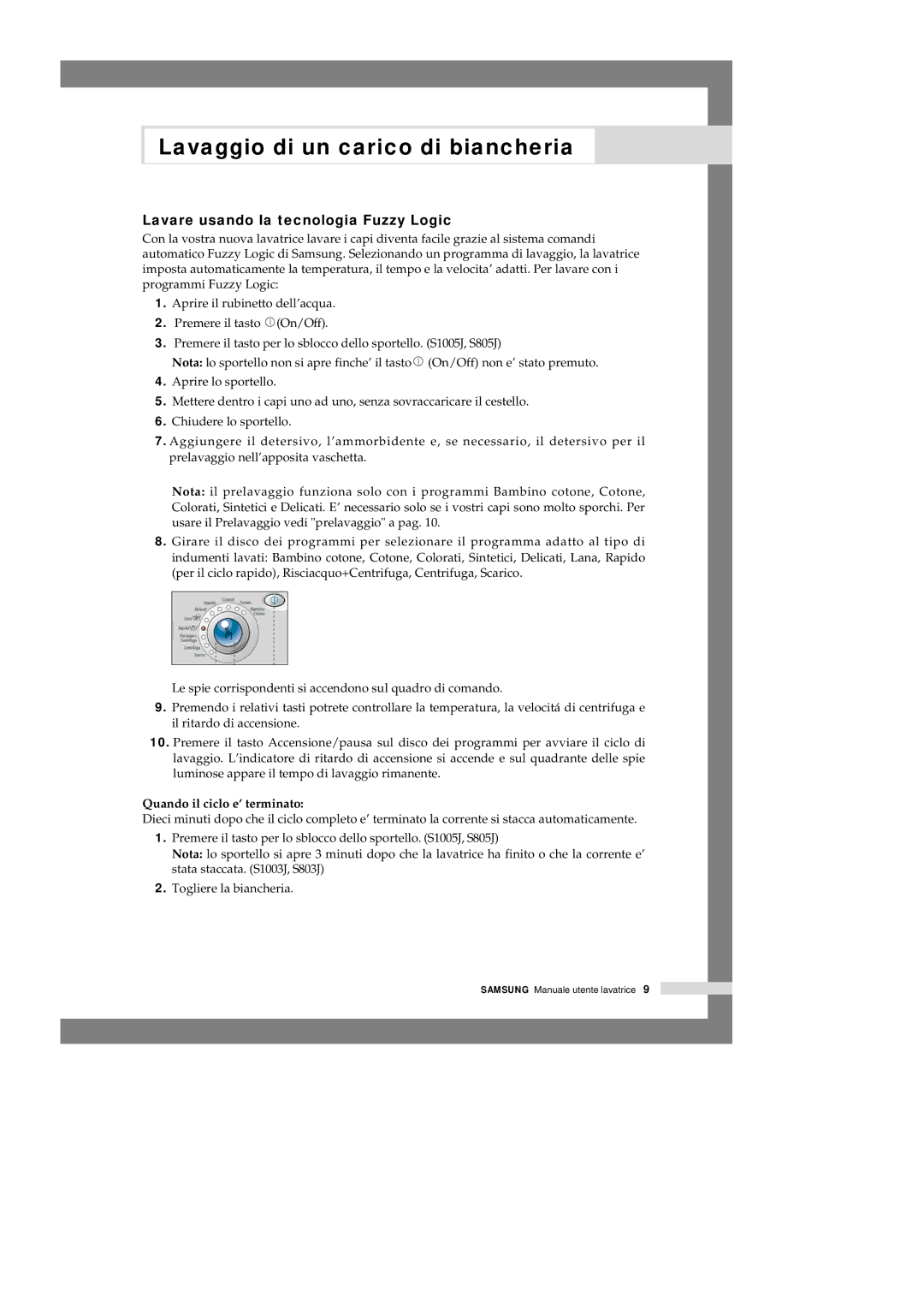 Samsung S803JGW/XET, S1005JGW/XET manual Lavare usando la tecnologia Fuzzy Logic, Quando il ciclo e’ terminato 