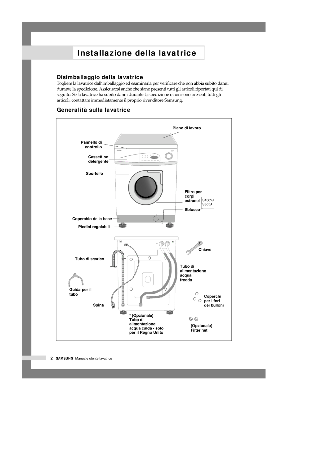 Samsung S1005JGW/XET manual Installazione della lavatrice, Disimballaggio della lavatrice, Generalità sulla lavatrice 