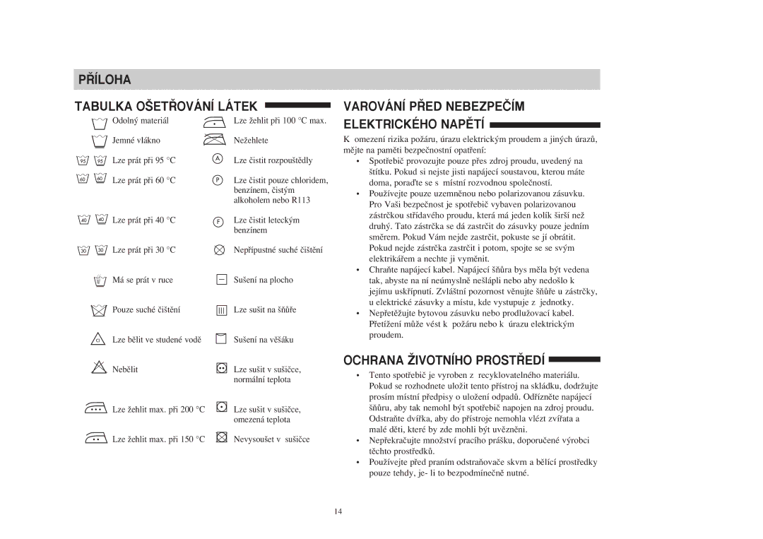 Samsung S1005JGW/YLU, S805JGW/YLU manual ¤ÍLOHA Tabulka O·ET¤OVÁNÍ Látek, Varování P¤ED NEBEZPEâÍM Elektrického NAPùTÍ 