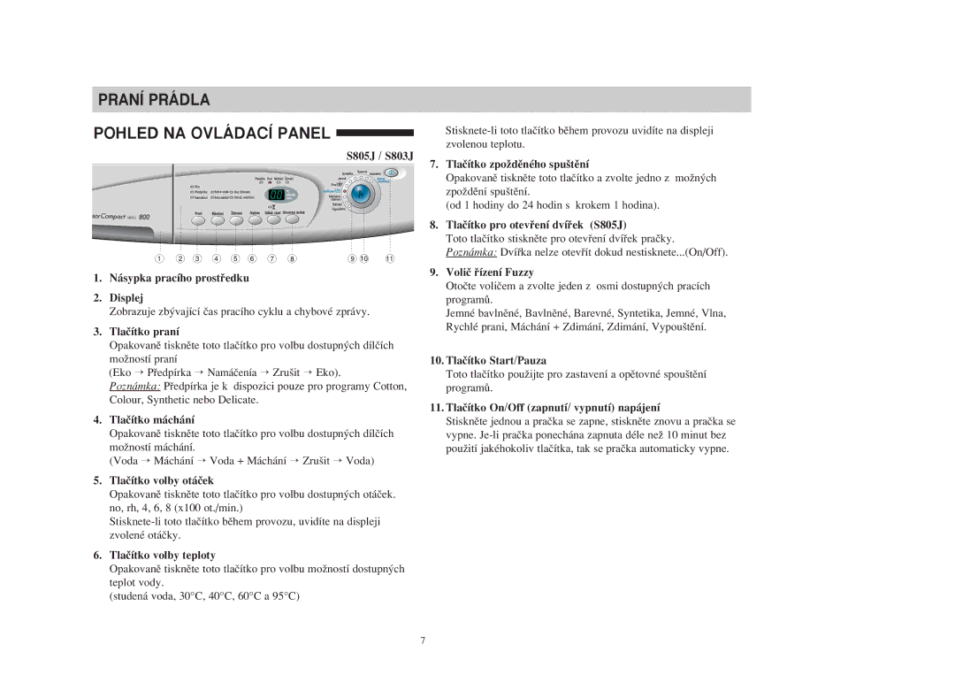 Samsung S805JGW/YLU, S1005JGW/YLU S805J / S803J Násypka pracího prostﬁedku Displej, Tlaãítko pro otevﬁení dvíﬁek S805J 