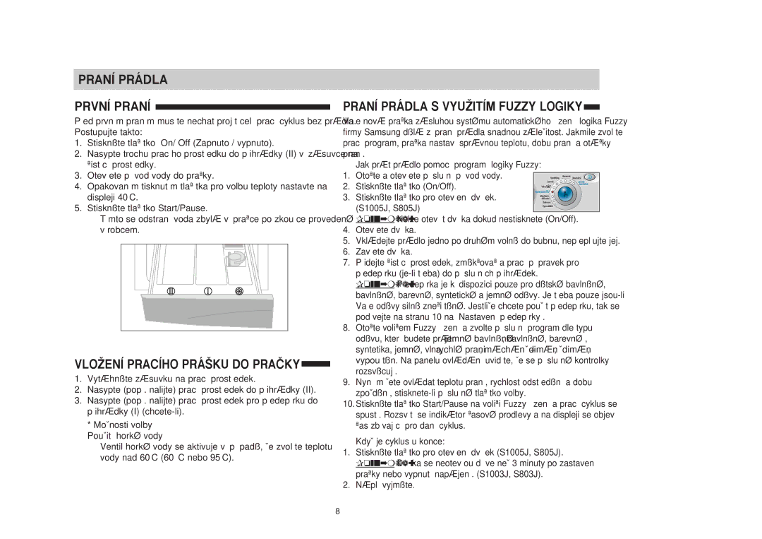 Samsung S1005JGW/YLU, S805JGW/YLU manual Praní Prádla První Praní, MoÏnosti volby PouÏití horké vody, KdyÏ je cyklus u konce 