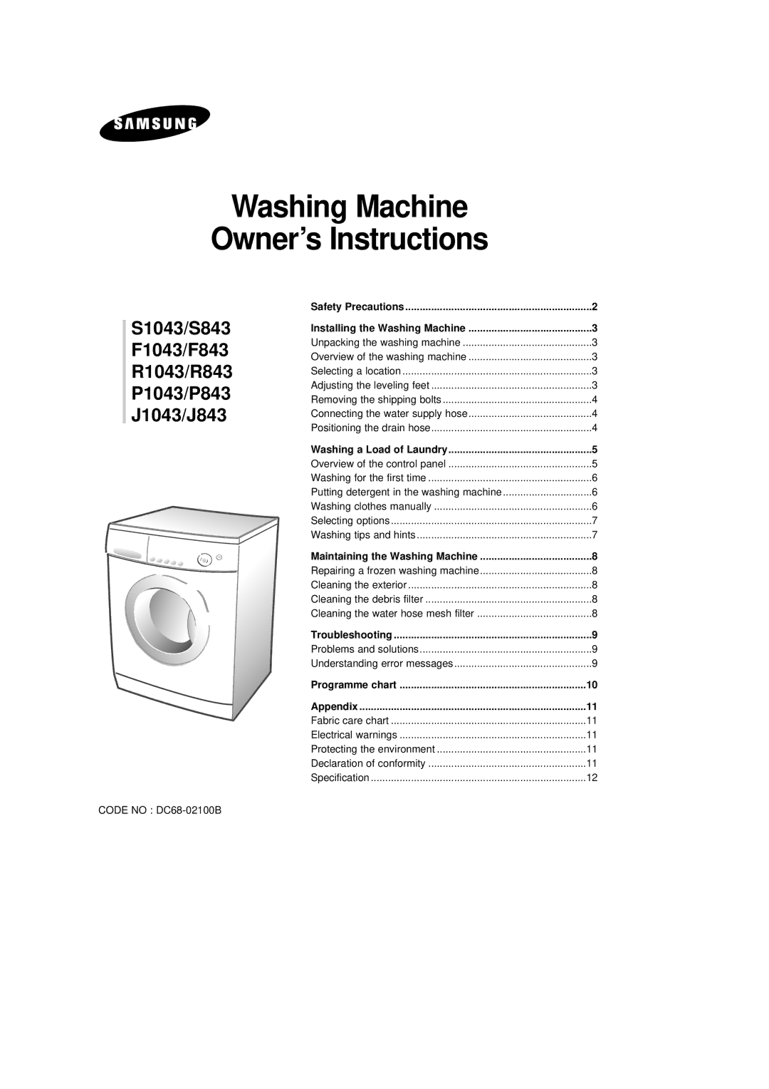 Samsung R1043/R843, S1043/S843, F1043/F843, P1043/P843, J1043/J843 appendix Washing Machine Owner’s Instructions 