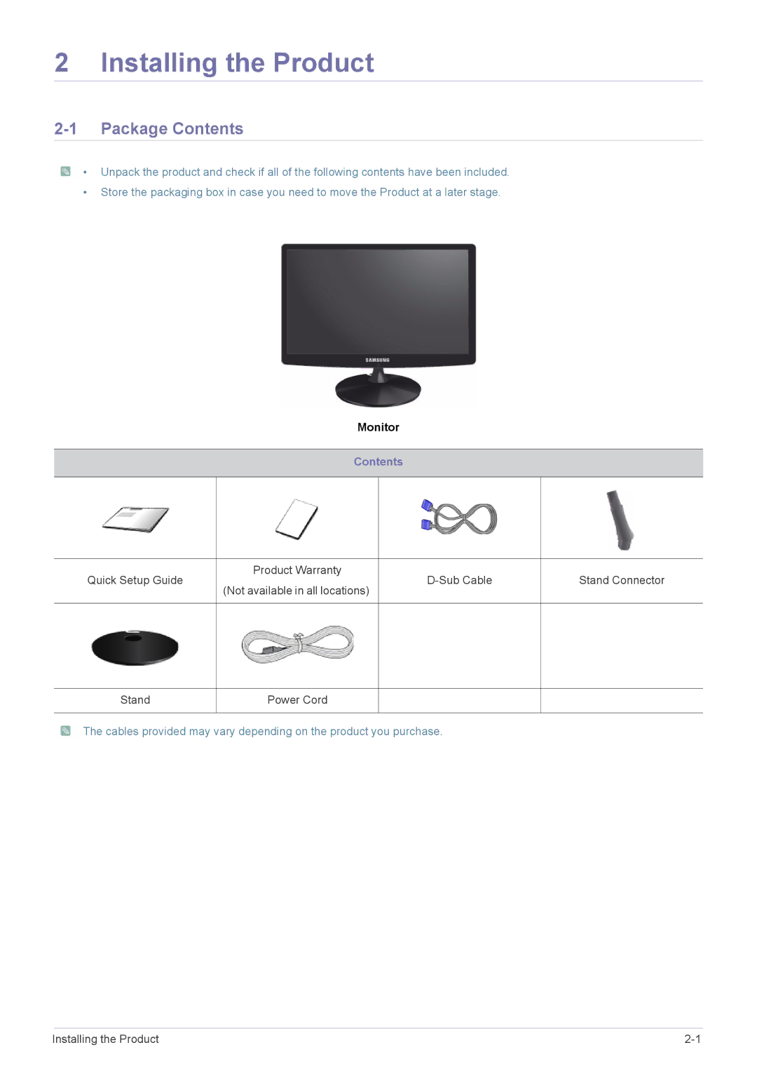 Samsung S19A10N user manual Installing the Product, Package Contents 