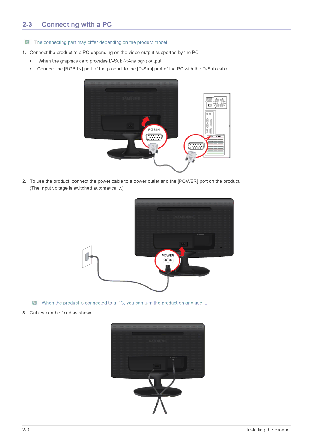 Samsung S19A10N user manual Connecting with a PC, Connecting part may differ depending on the product model 