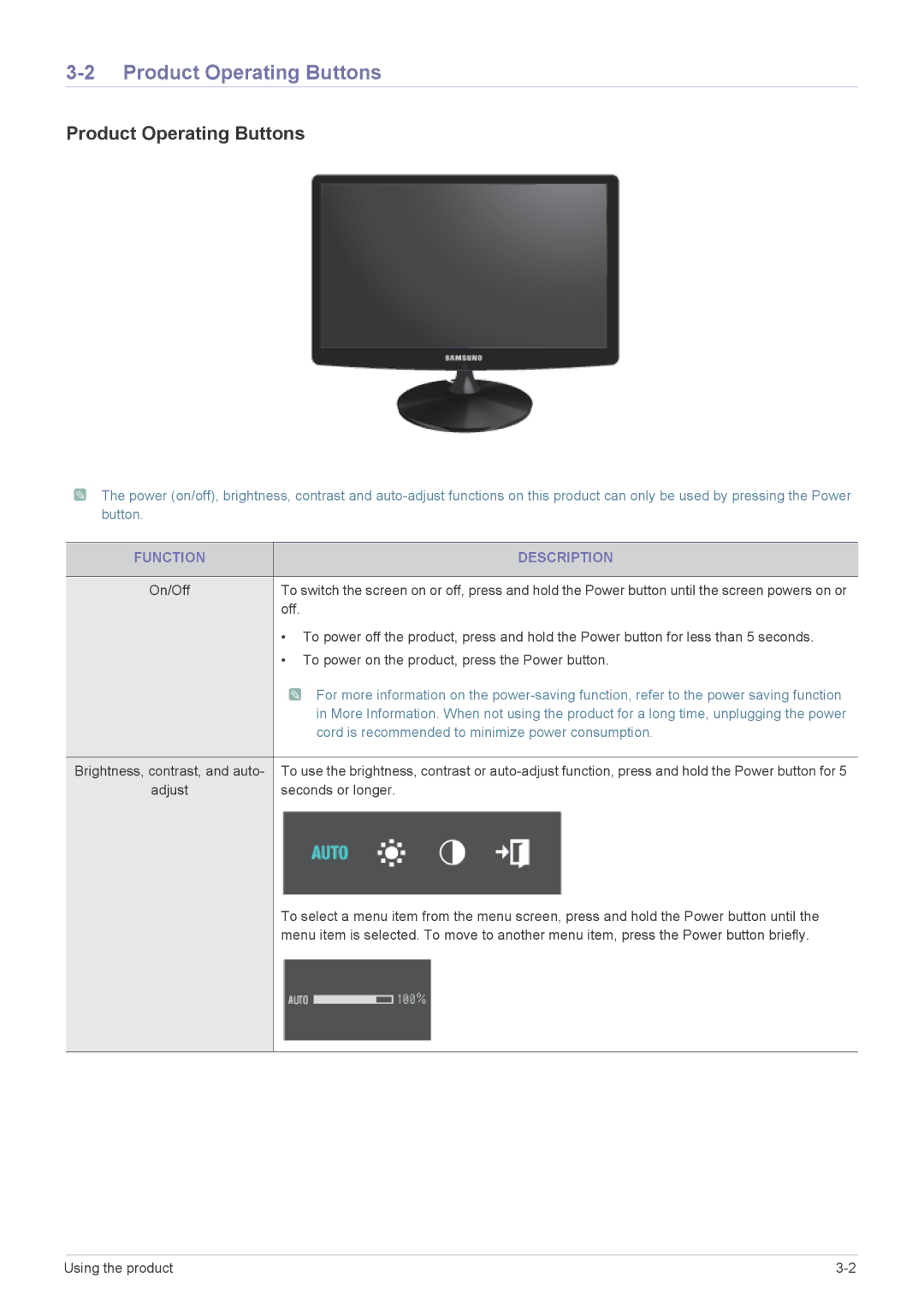 Samsung S19A10N user manual Product Operating Buttons, Function Description 