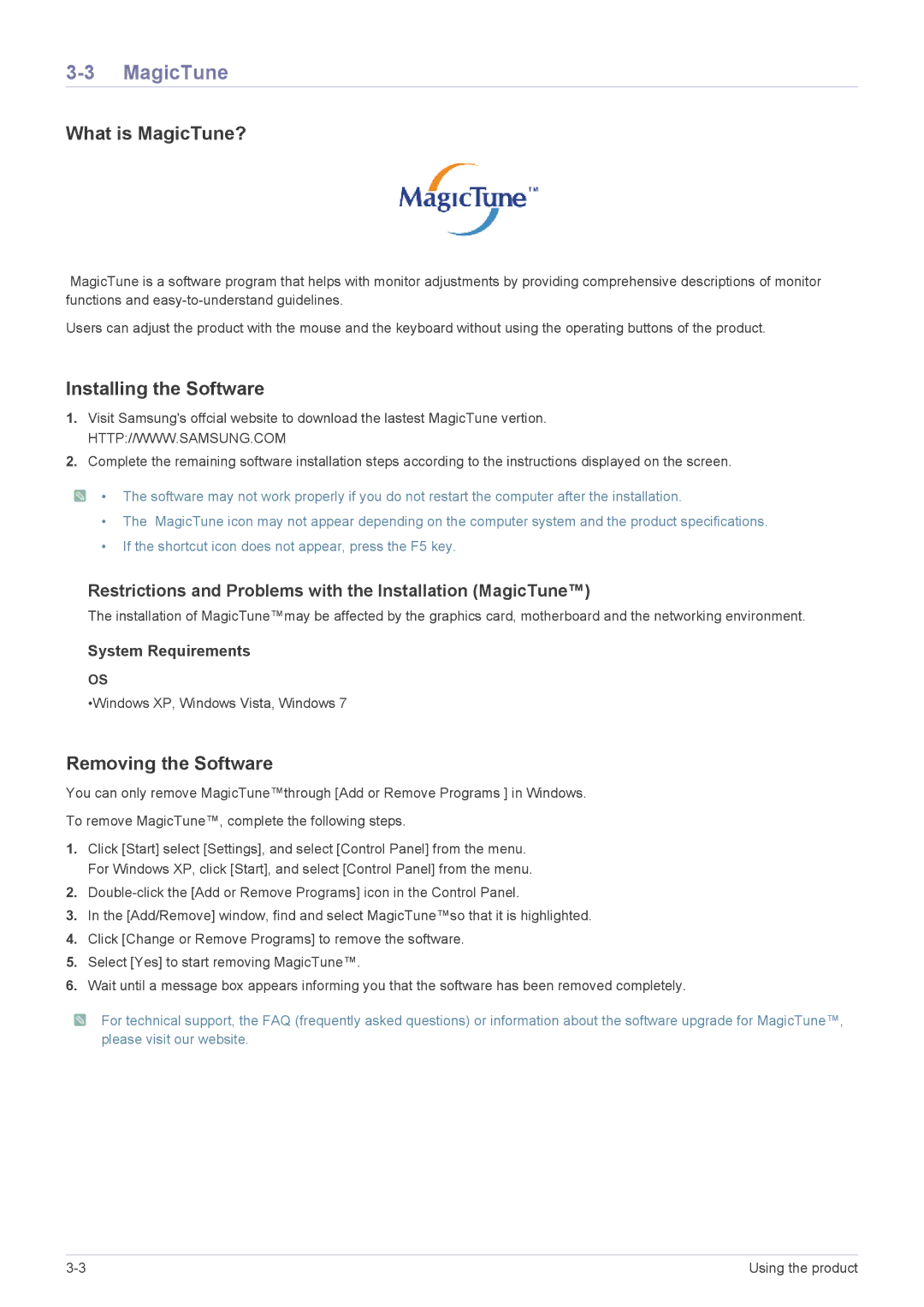 Samsung S19A10N user manual What is MagicTune?, Installing the Software, Removing the Software 