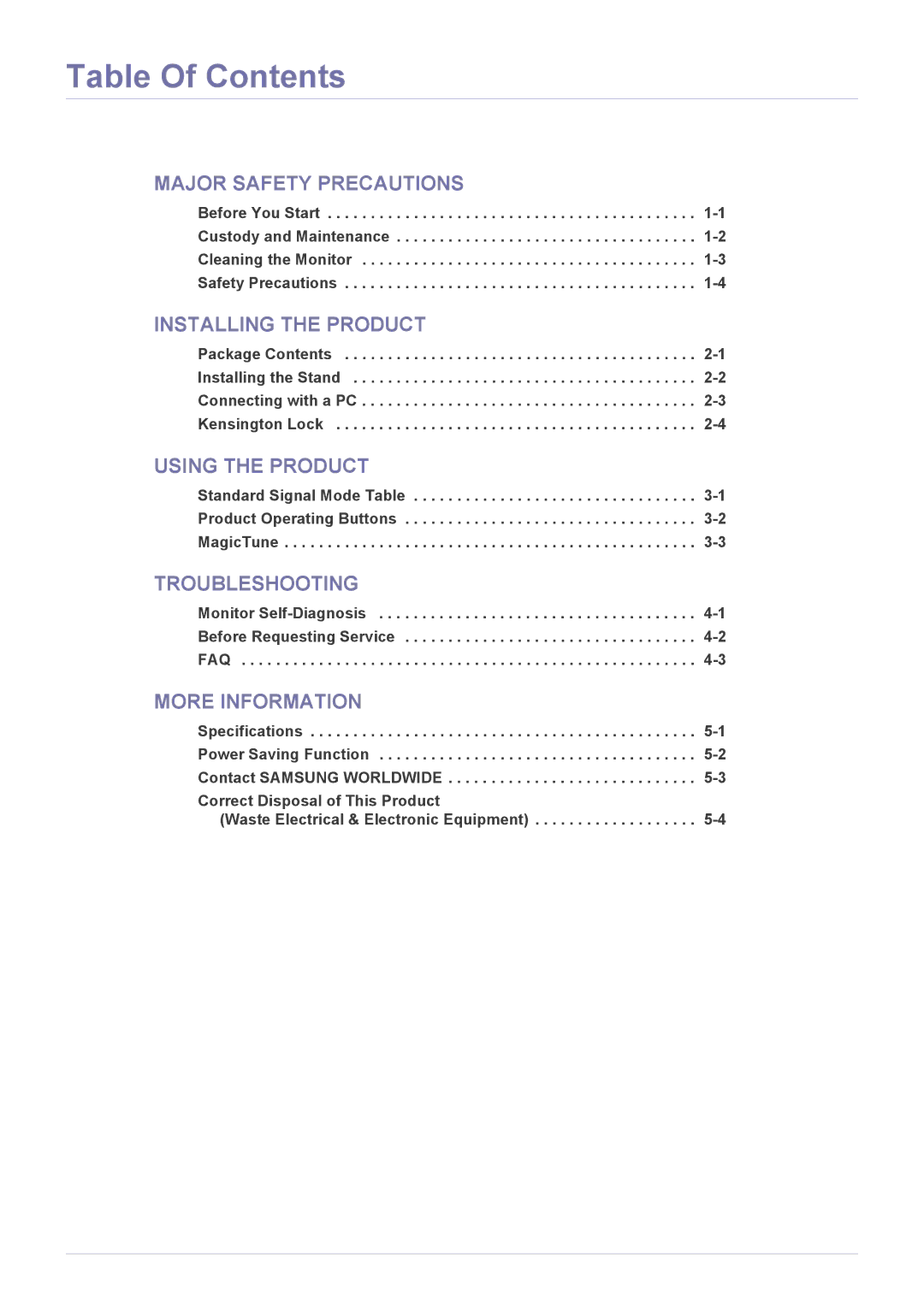 Samsung S19A10N user manual Table Of Contents 