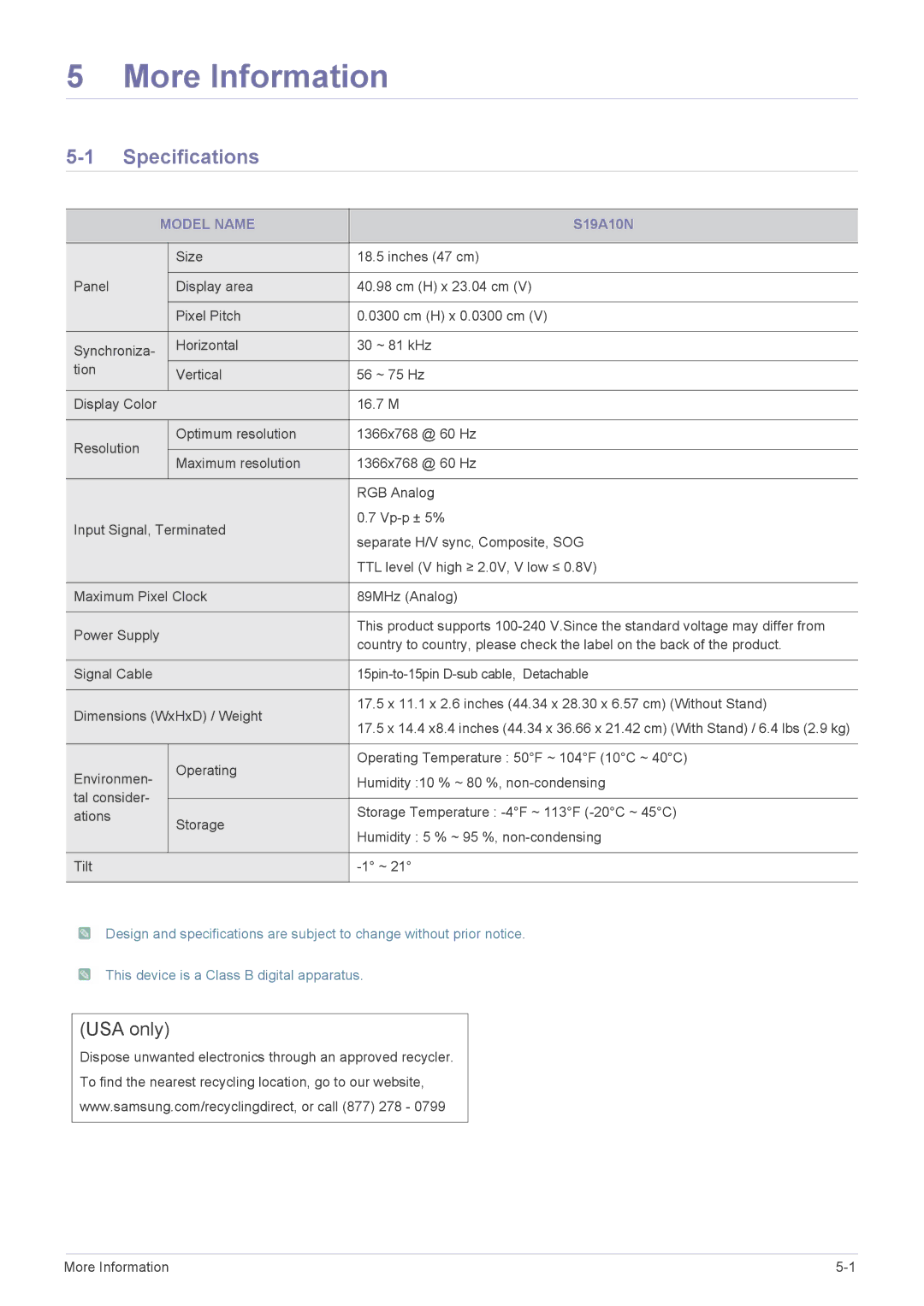 Samsung S19A10N user manual More Information, Specifications, Model Name 