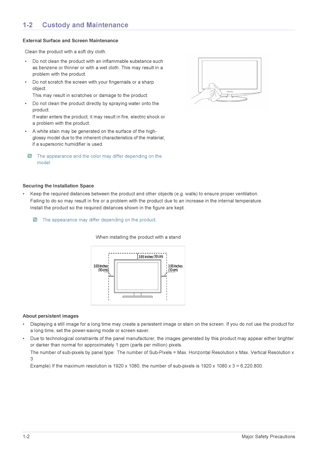 Samsung S19A10N user manual Custody and Maintenance, External Surface and Screen Maintenance 