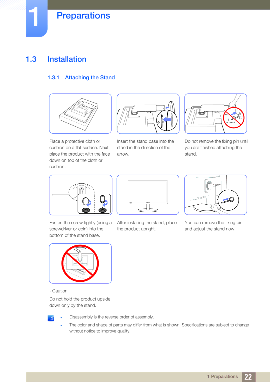 Samsung S19B420M, S19B420BW, S24B420BW, S22B420BW user manual Installation, Attaching the Stand 