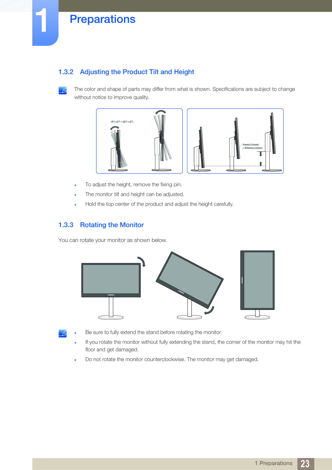 Samsung S24B420BW, S19B420M, S19B420BW, S22B420BW user manual Adjusting the Product Tilt and Height, Rotating the Monitor 