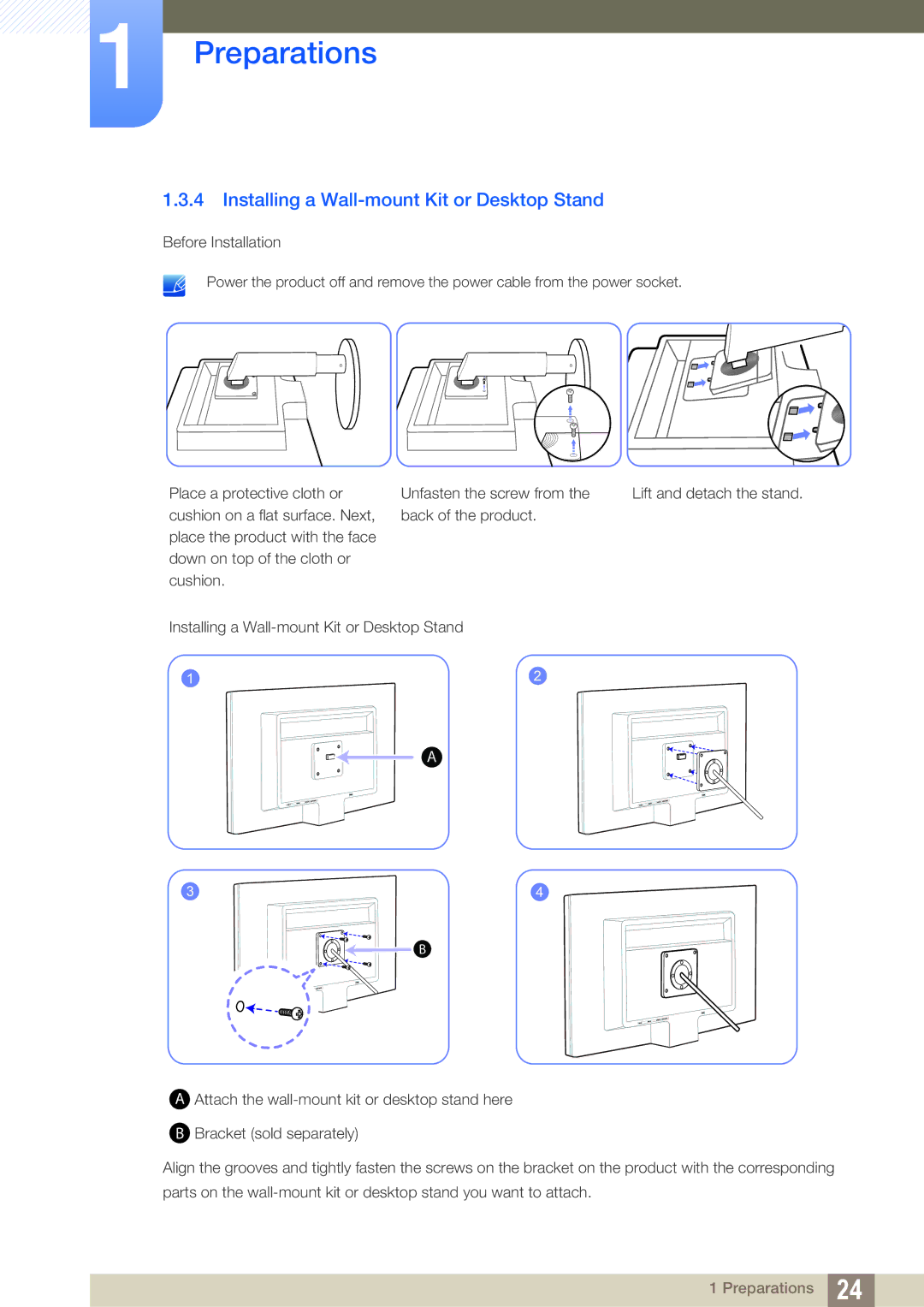 Samsung S22B420BW, S19B420M, S19B420BW, S24B420BW user manual Installing a Wall-mount Kit or Desktop Stand 