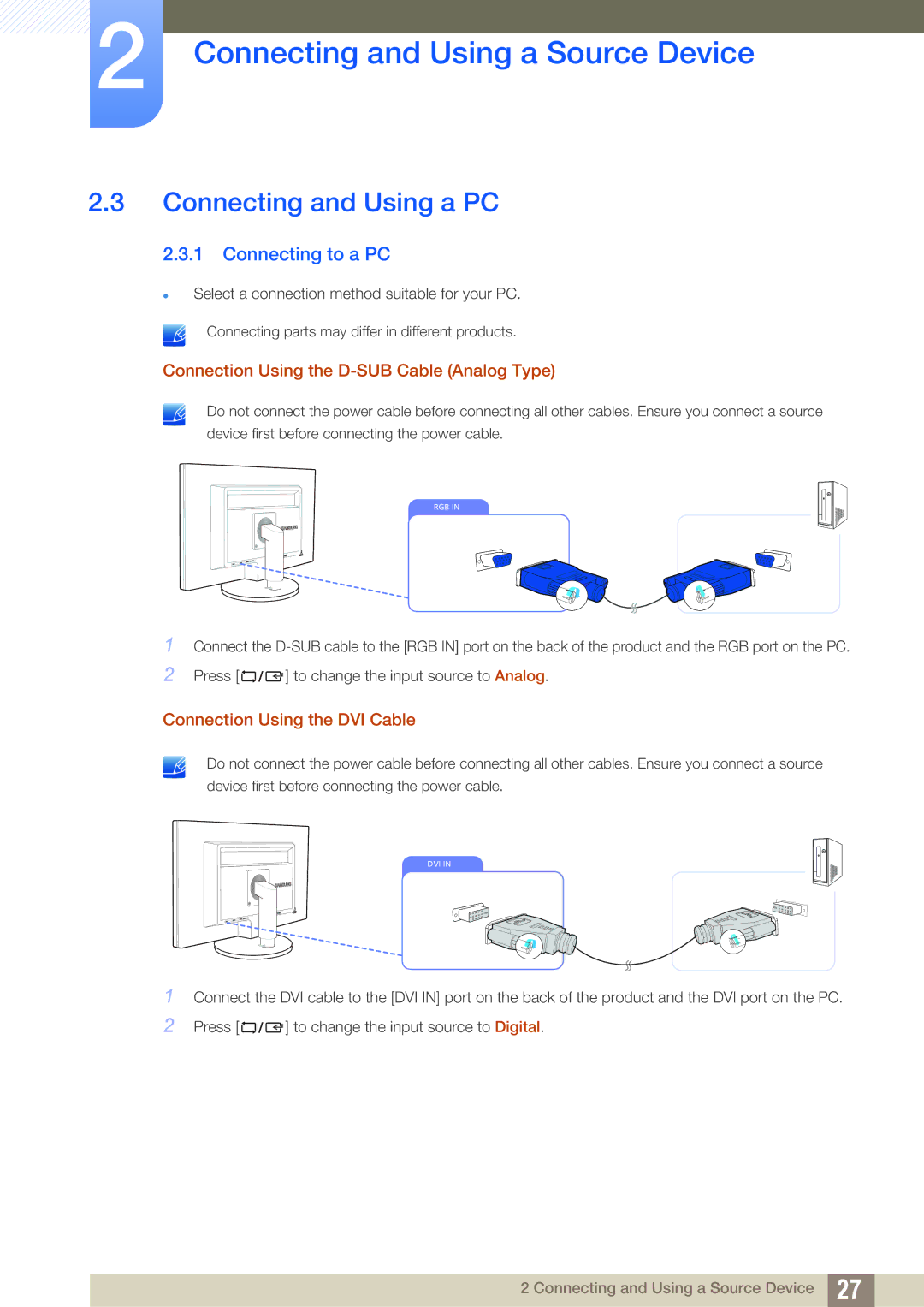 Samsung S19B420M, S19B420BW, S24B420BW, S22B420BW user manual Connecting and Using a PC, Connecting to a PC 