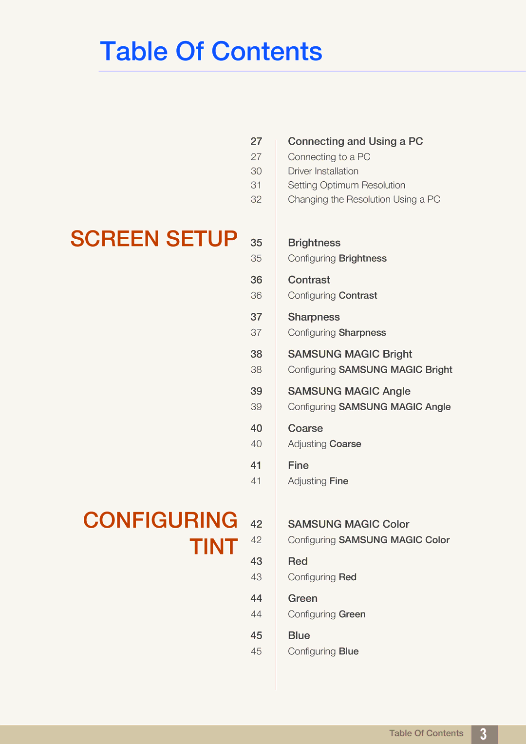 Samsung S24B420BW, S19B420M, S19B420BW, S22B420BW user manual Screen Setup Configuring 42 Tint 