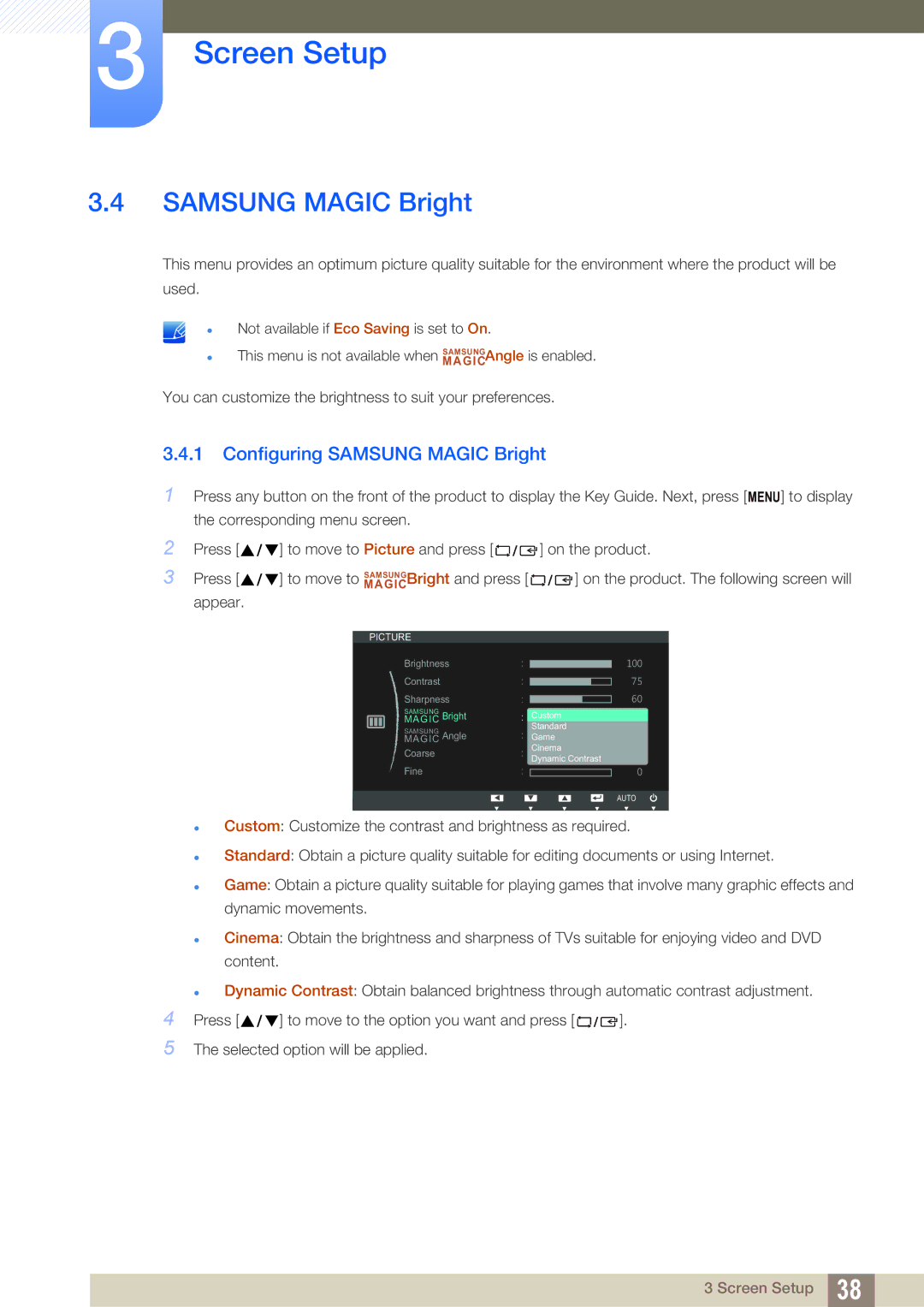 Samsung S24B420BW, S19B420M, S19B420BW, S22B420BW user manual Configuring Samsung Magic Bright 