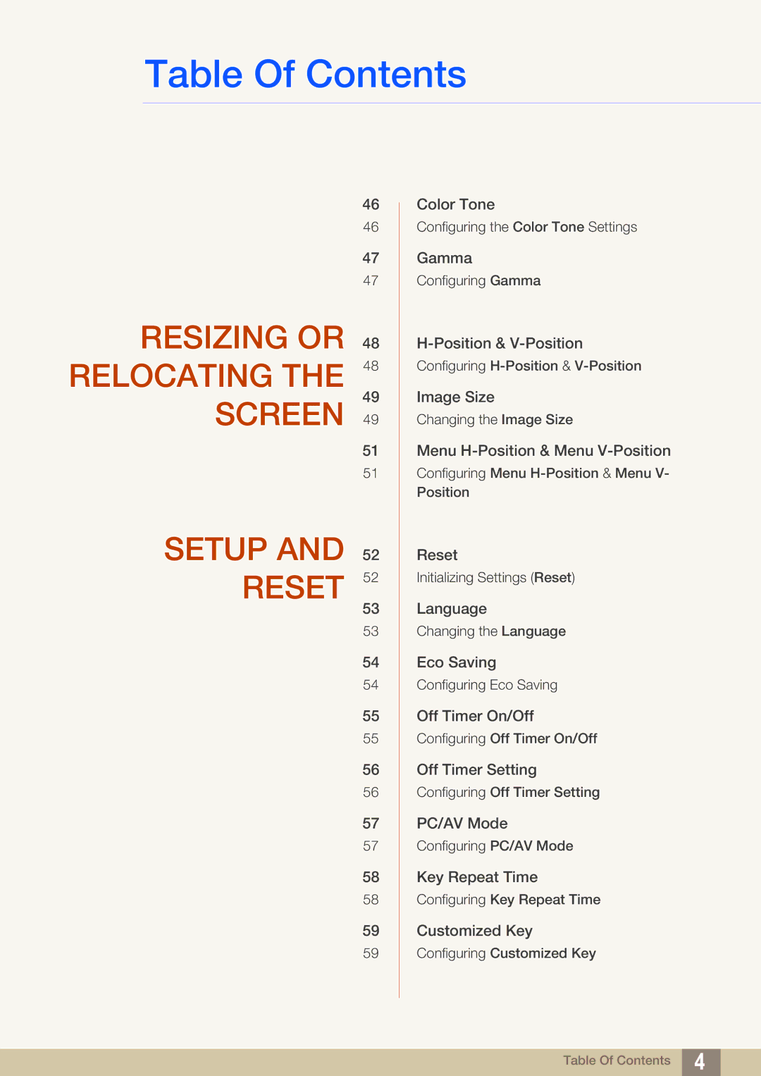 Samsung S22B420BW, S19B420M, S19B420BW, S24B420BW user manual Resizing or Relocating the Screen Setup Reset 