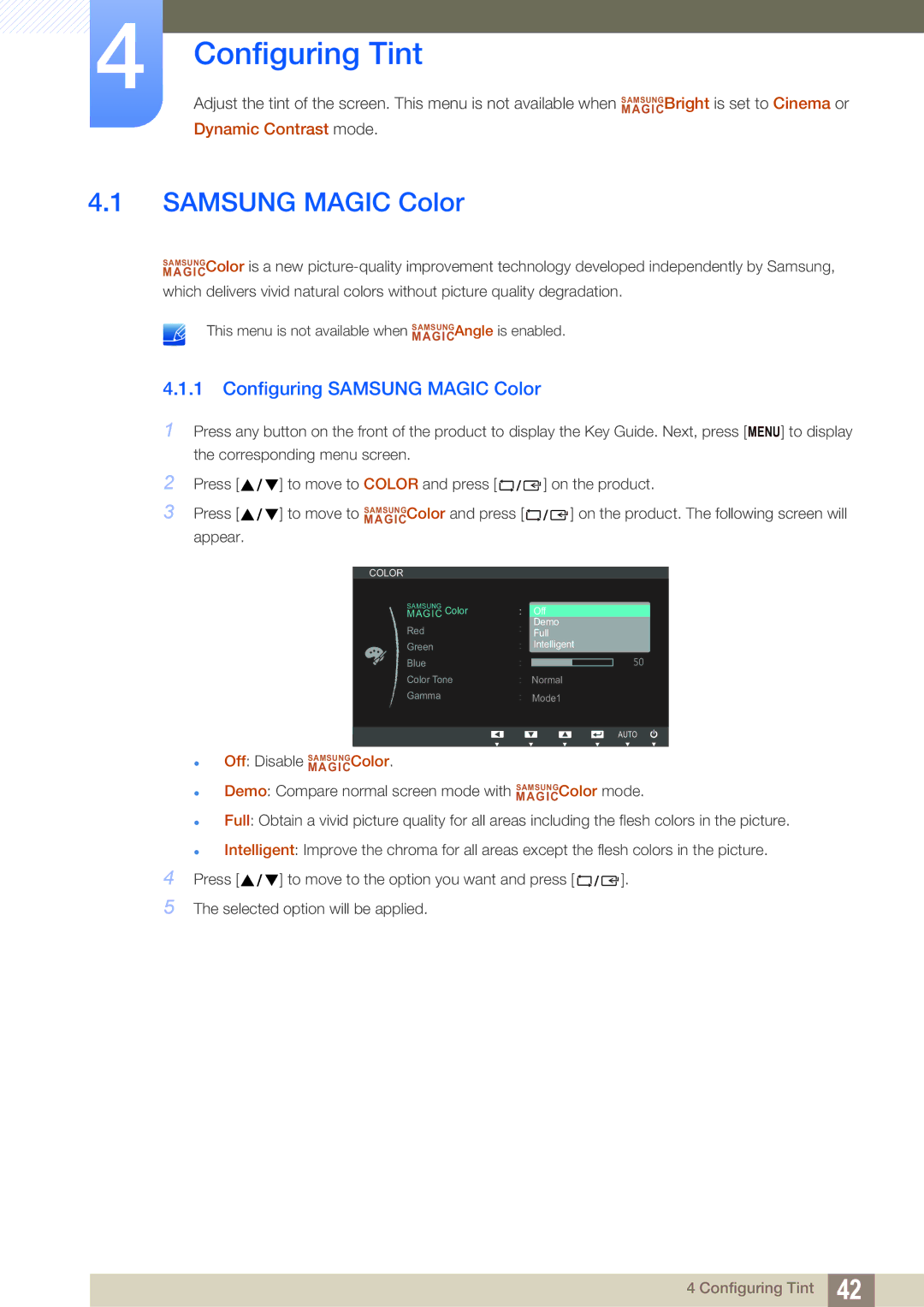 Samsung S19B420M, S19B420BW, S24B420BW, S22B420BW user manual Configuring Tint, Configuring Samsung Magic Color 