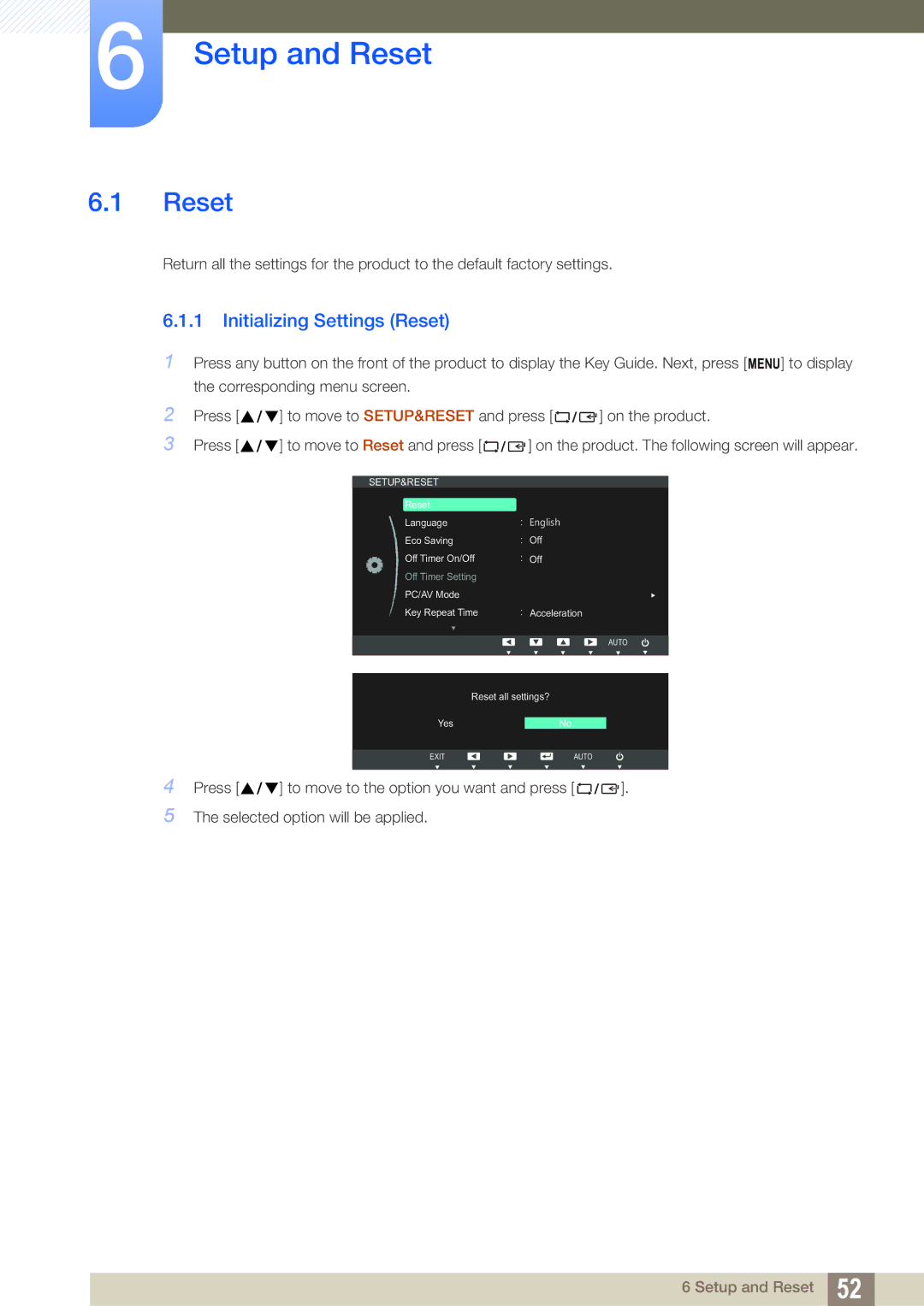 Samsung S19B420M, S19B420BW, S24B420BW, S22B420BW user manual Setup and Reset, Initializing Settings Reset 