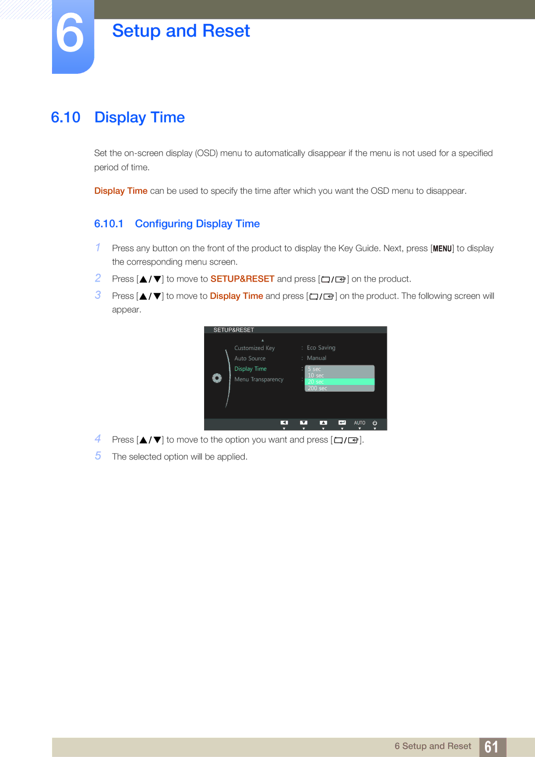 Samsung S19B420BW, S19B420M, S24B420BW, S22B420BW user manual Configuring Display Time 