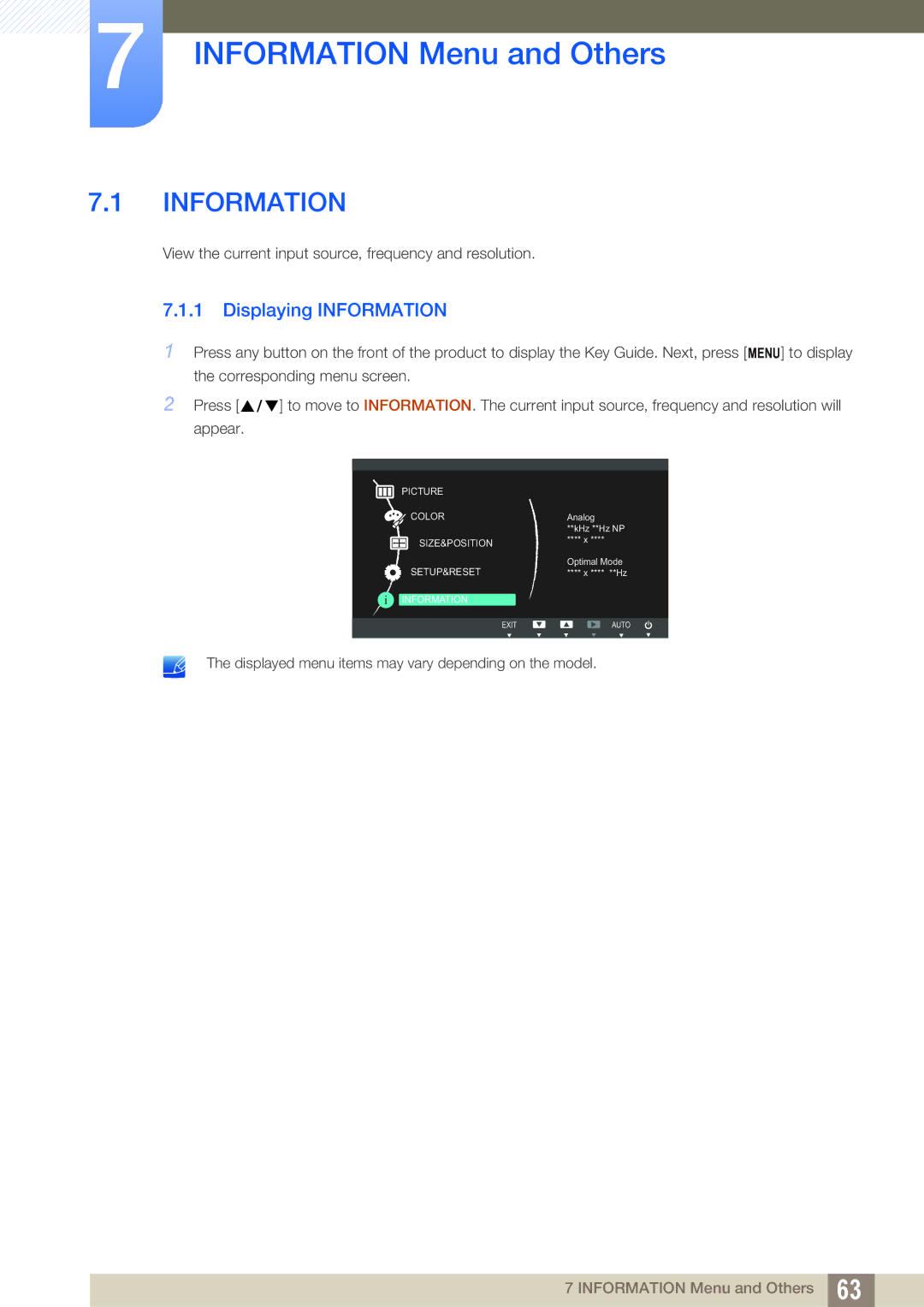 Samsung S24B420BW, S19B420M, S19B420BW, S22B420BW user manual Information Menu and Others, Displaying Information 