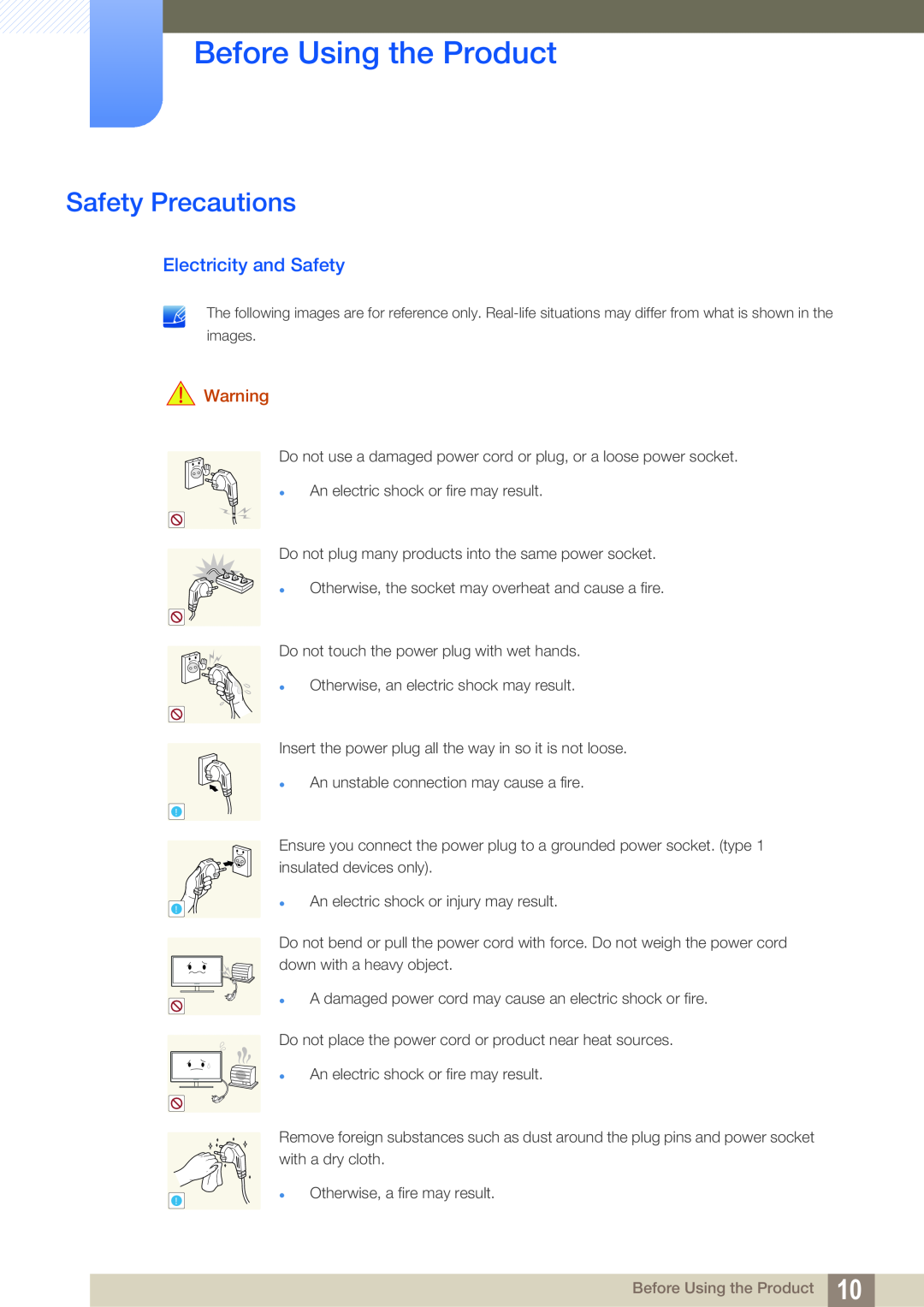 Samsung S19B420M, S19B420BW, S24B420BW, S22B420BW Safety Precautions, Electricity and Safety, Before Using the Product 