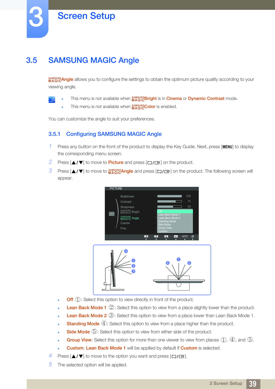 Samsung S22B420BW, S19B420M, S19B420BW, S24B420BW user manual Configuring SAMSUNG MAGIC Angle, Screen Setup 