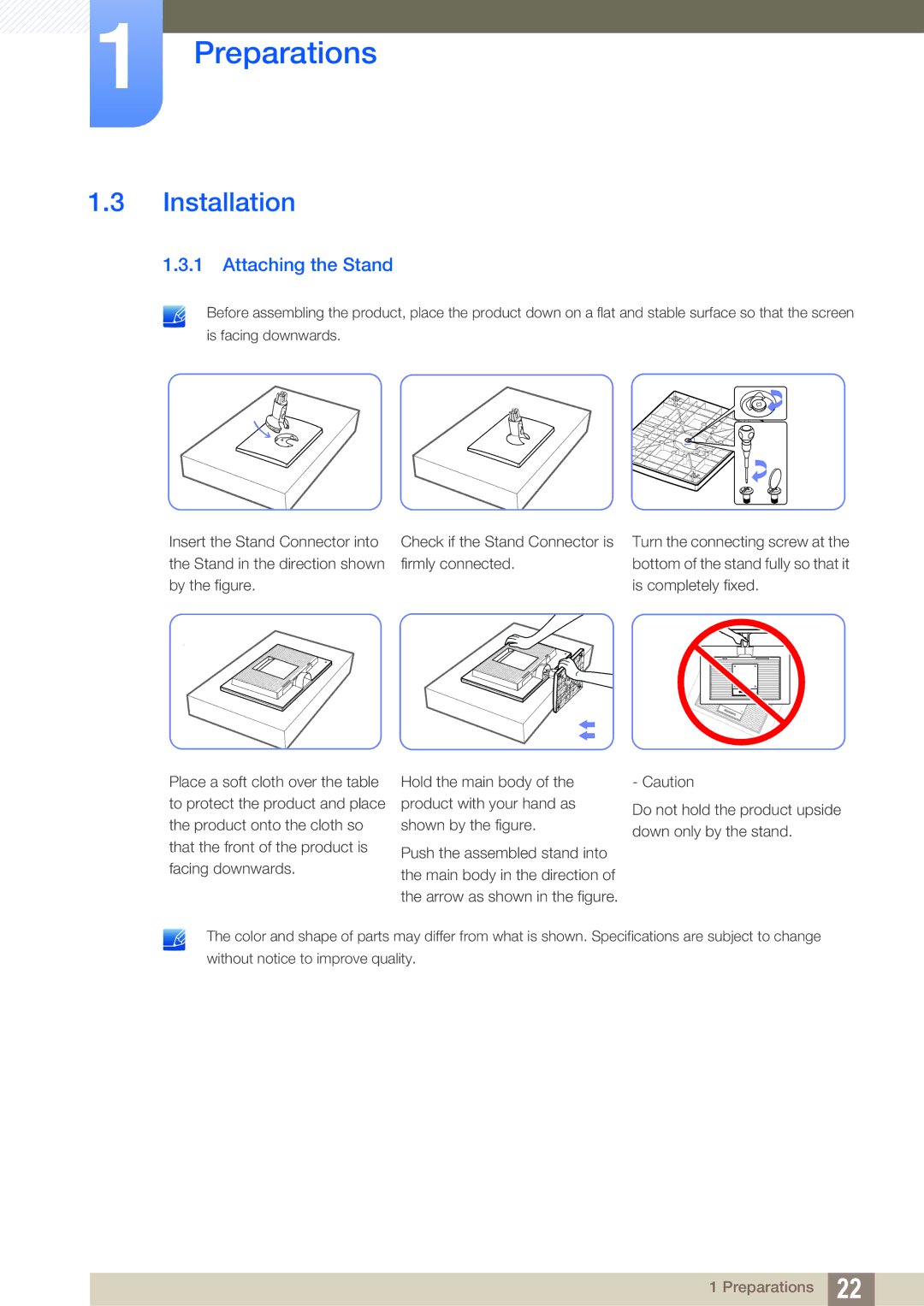 Samsung S22C200B, S19C200NR, S19C200BW, S20C200B, S19C200NY, S19C200BR, S19C200NW, S24C200BL Installation, Attaching the Stand 