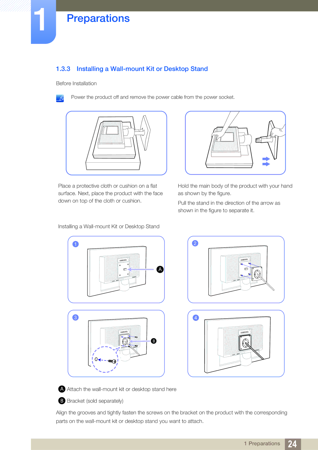 Samsung S19C200NY user manual Installing a Wall-mount Kit or Desktop Stand 