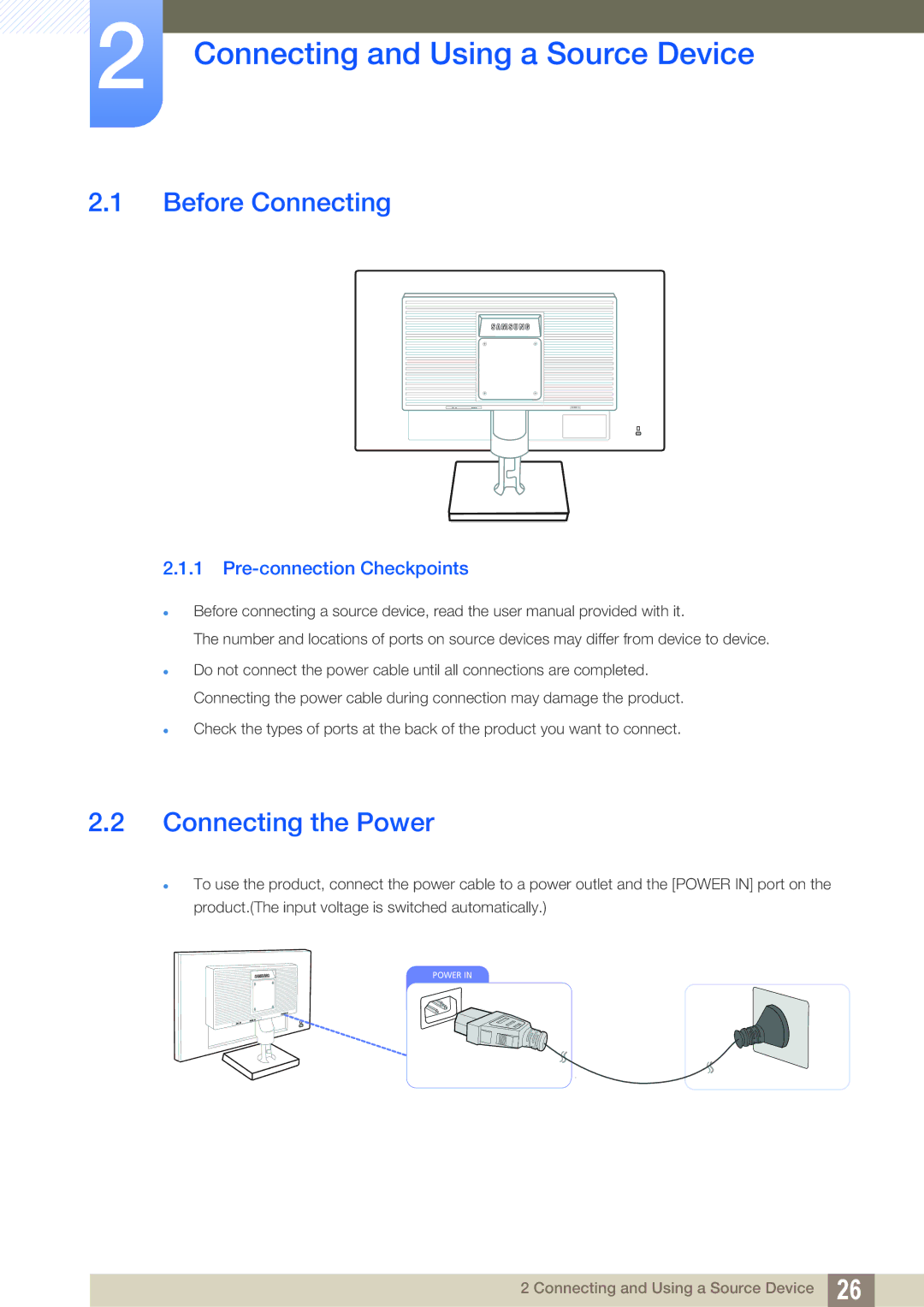 Samsung S19C200NY user manual Connecting and Using a Source Device, Before Connecting, Connecting the Power 