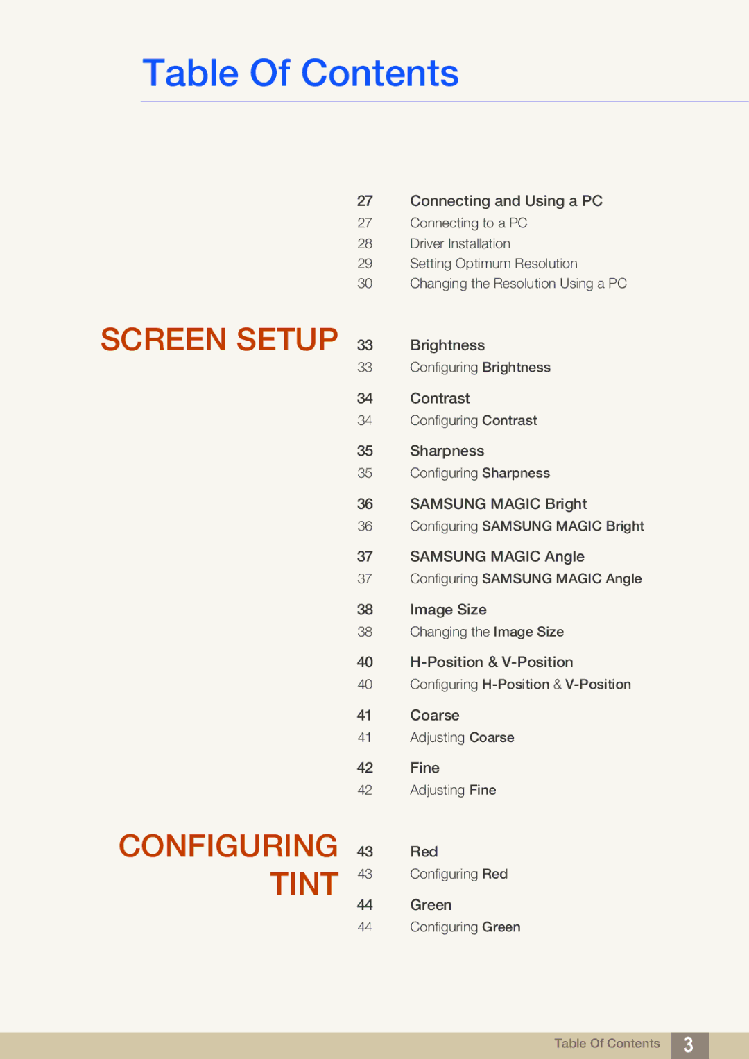 Samsung S19C200NY user manual Screen Setup Configuring 43 Tint 