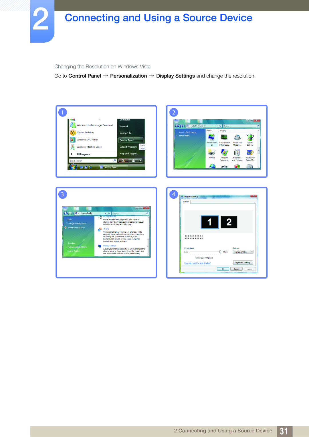 Samsung S19C200NY user manual Changing the Resolution on Windows Vista 