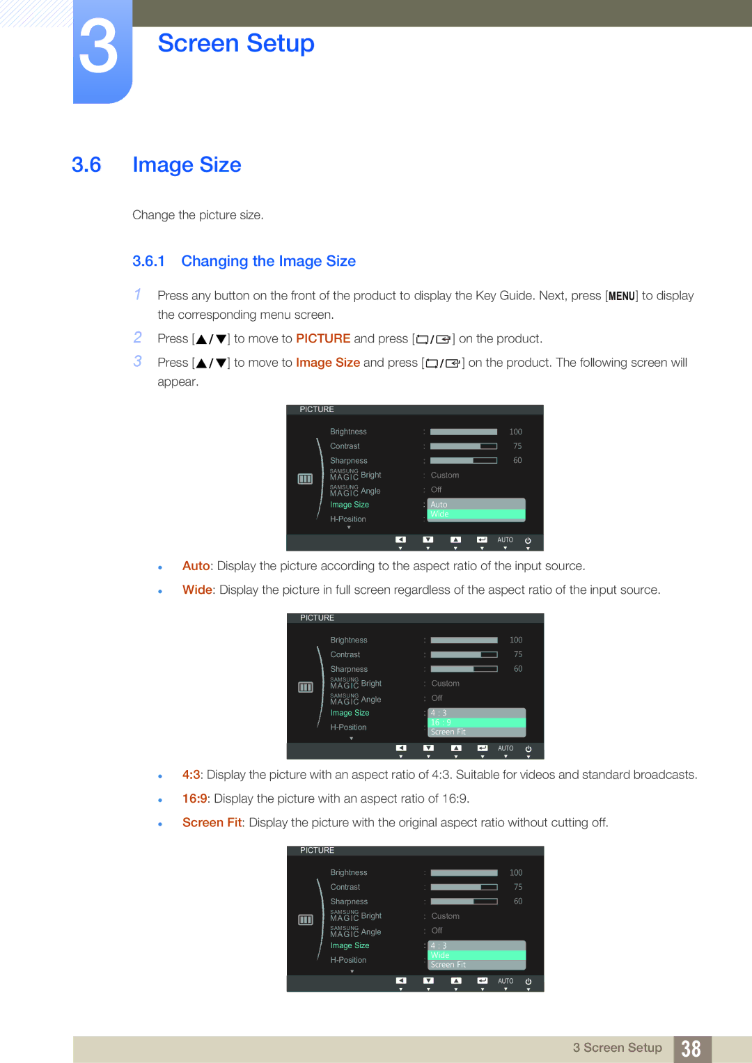 Samsung S19C200NY user manual Changing the Image Size 