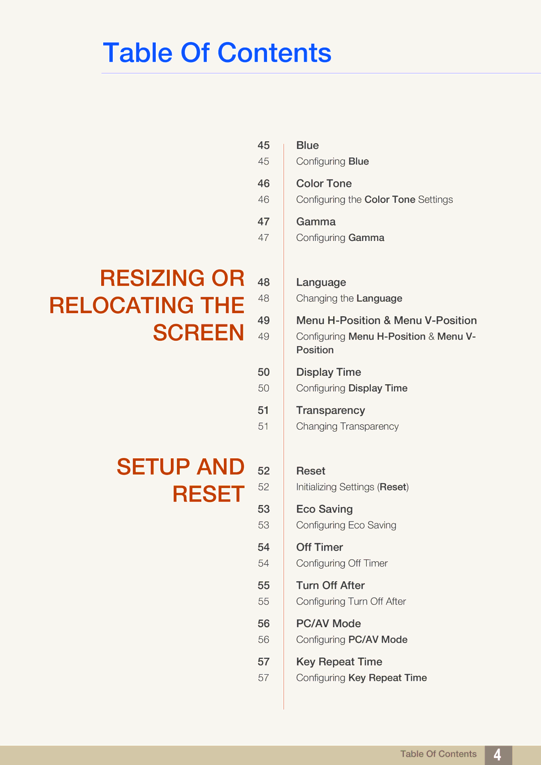 Samsung S19C200NY user manual Resizing or Relocating the Screen Setup Reset 