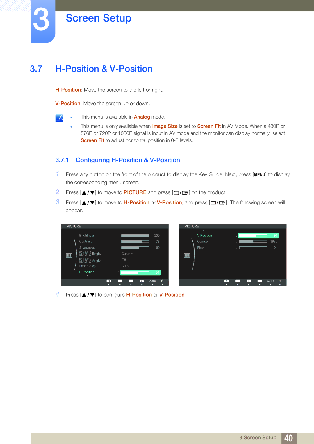 Samsung S19C200NY user manual Configuring H-Position & V-Position 