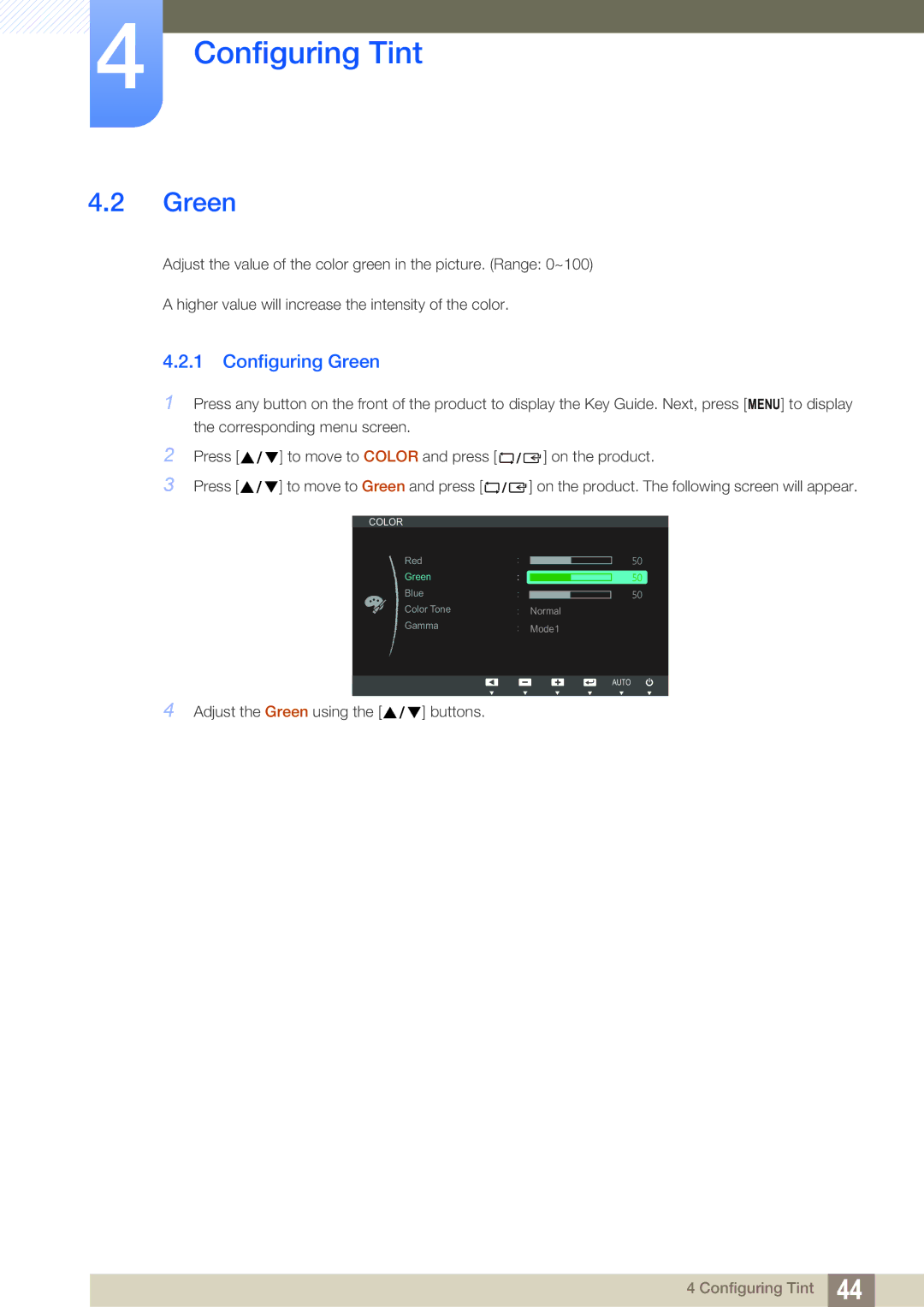 Samsung S19C200NY user manual Configuring Green 