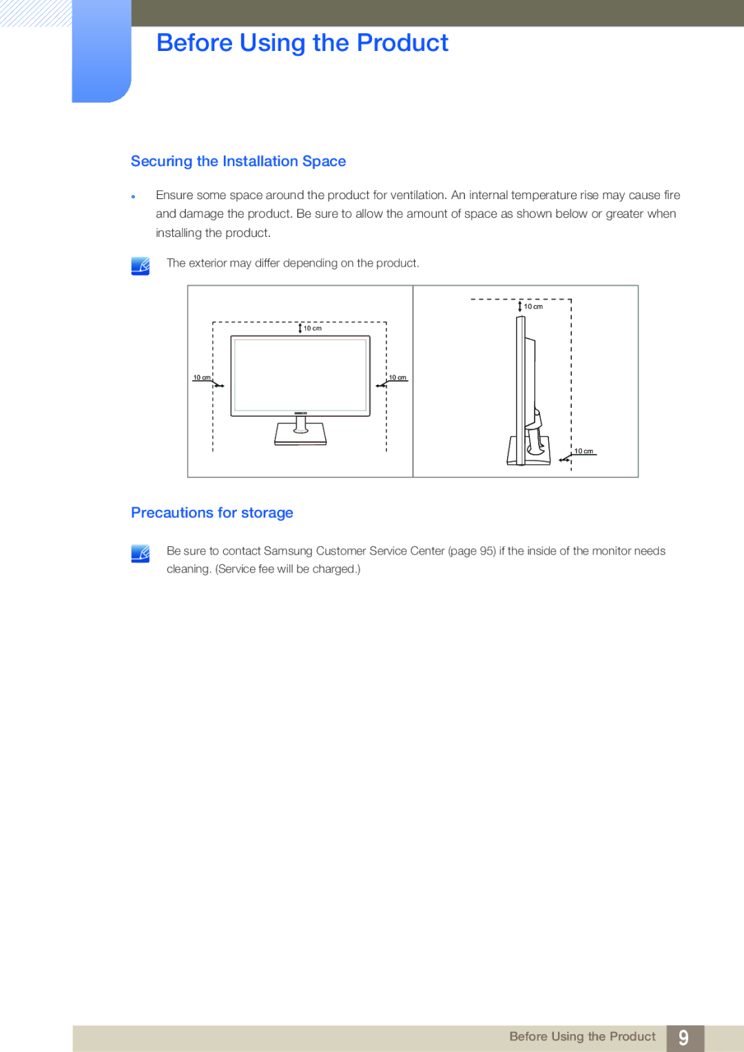 Samsung S19C200NY user manual Securing the Installation Space, Precautions for storage 