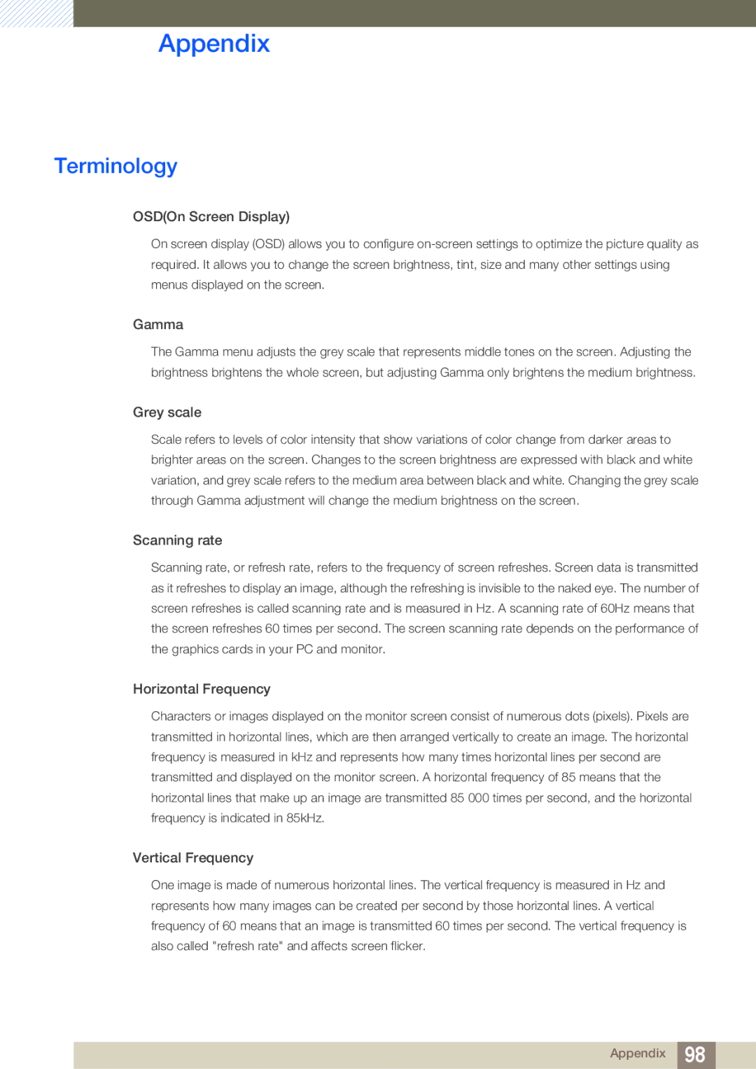 Samsung S19C200NY user manual Terminology, OSDOn Screen Display 