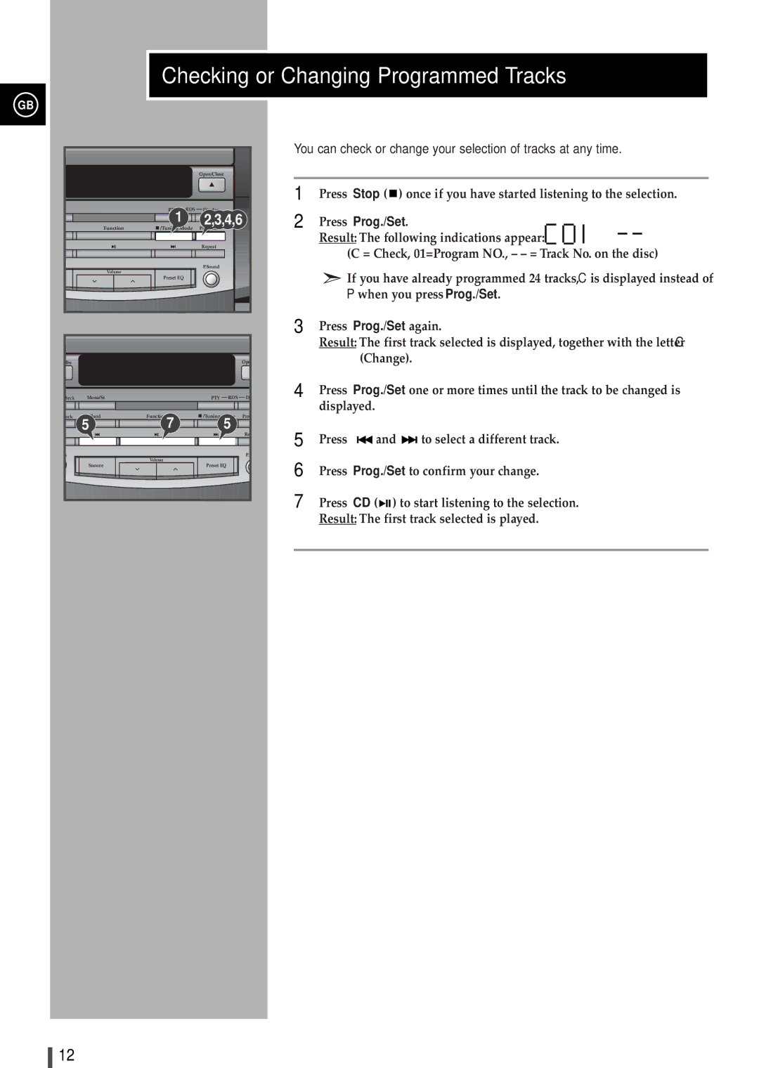 Samsung S2000RH/XEG Checking or Changing Programmed Tracks, You can check or change your selection of tracks at any time 