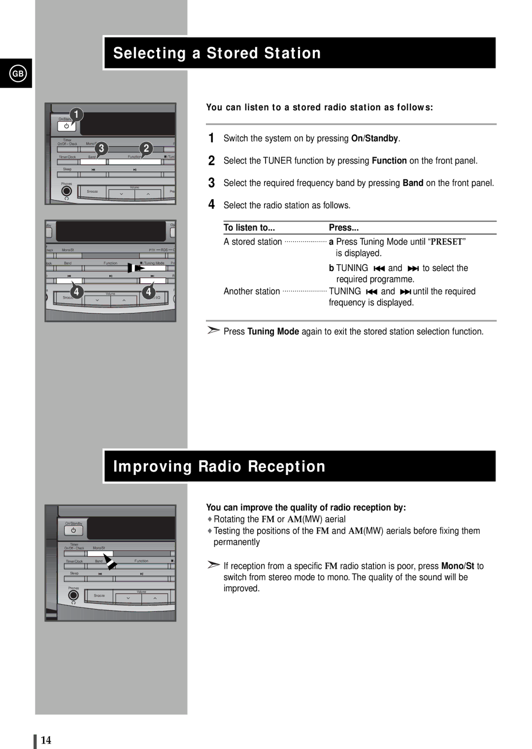 Samsung S2000RH/NSI, S2000RH/XEG, S2000RH/ELS Selecting a Stored Station, Improving Radio Reception, To listen to Press 