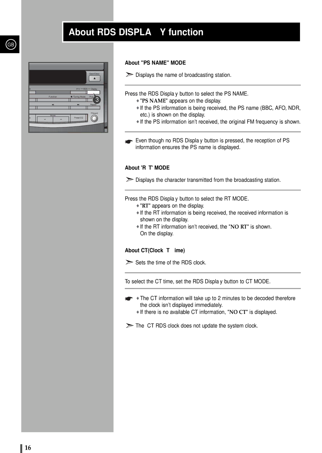 Samsung S2000RH/ELS, S2000RH/XEG manual About RDS Display function, About PS Name Mode, About RT Mode, About CTClock Time 