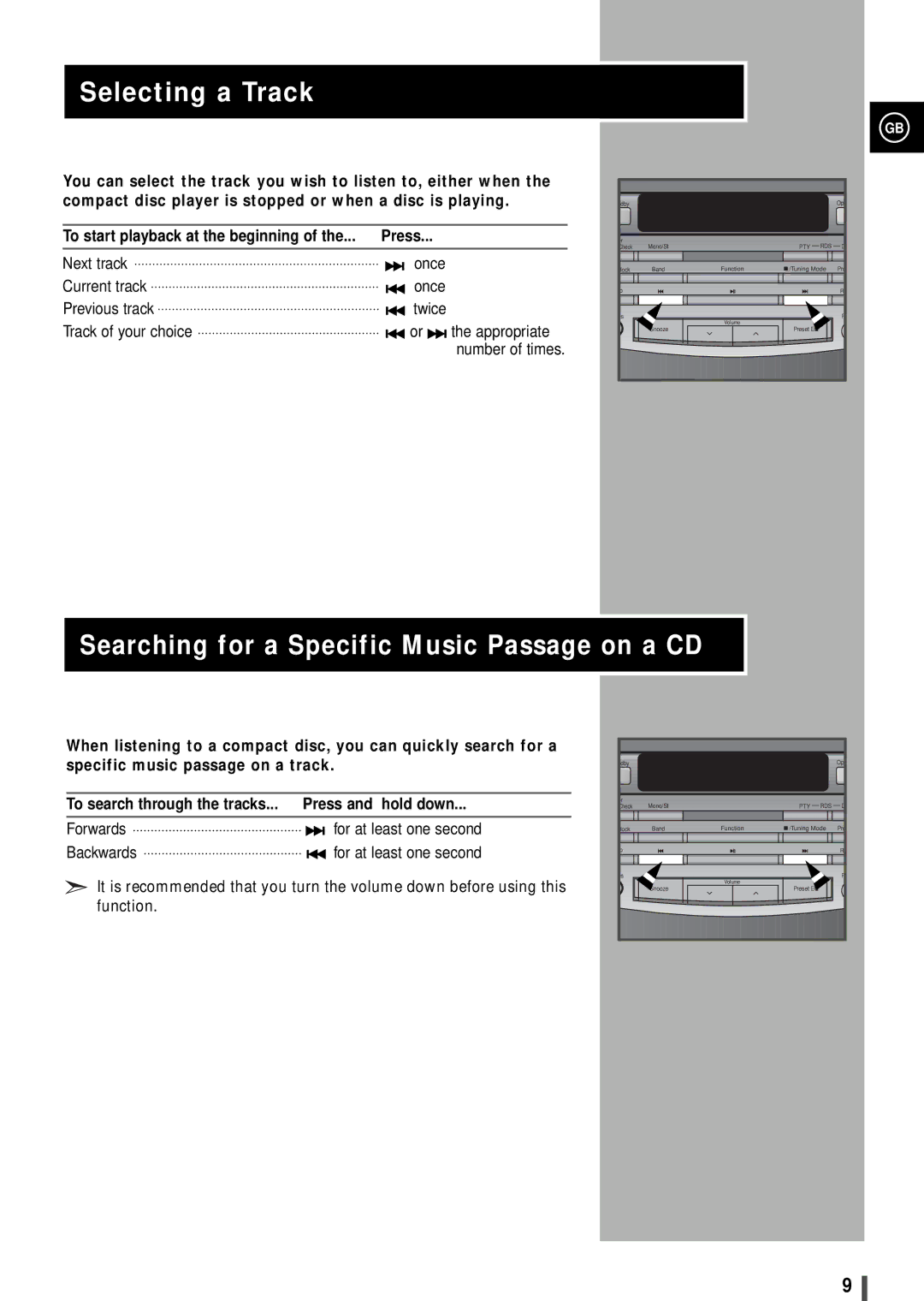 Samsung S2000RH/XEG, S2000RH/ELS, S2000RH/NSI manual Selecting a Track, Searching for a Specific Music Passage on a CD 