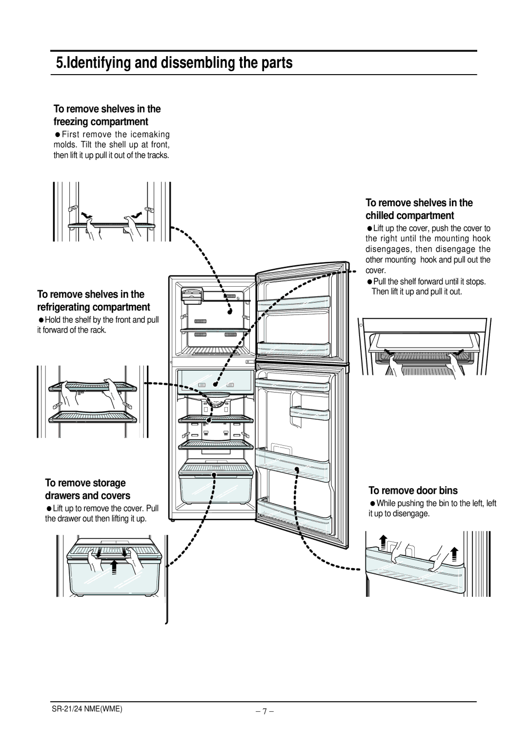 Samsung S24ENPSWHN/ITM manual Identifying and dissembling the parts, To remove shelves in the freezing compartment 