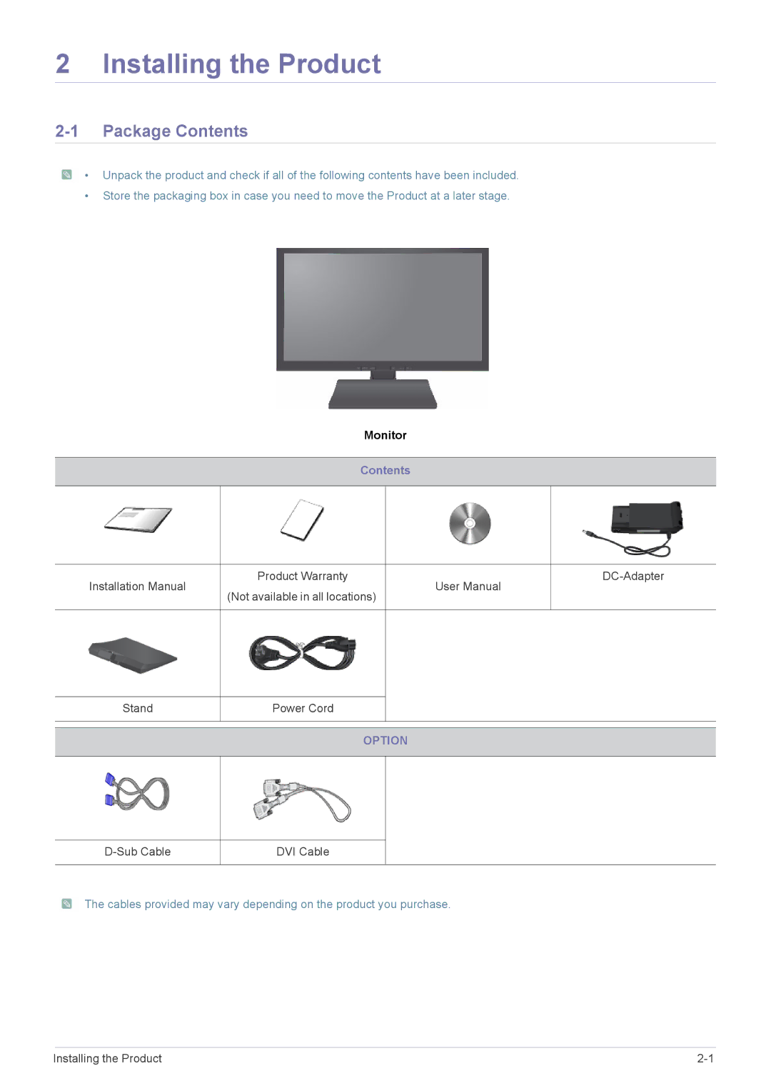 Samsung S22A200B-2S, S19A200NW user manual Installing the Product, Package Contents 