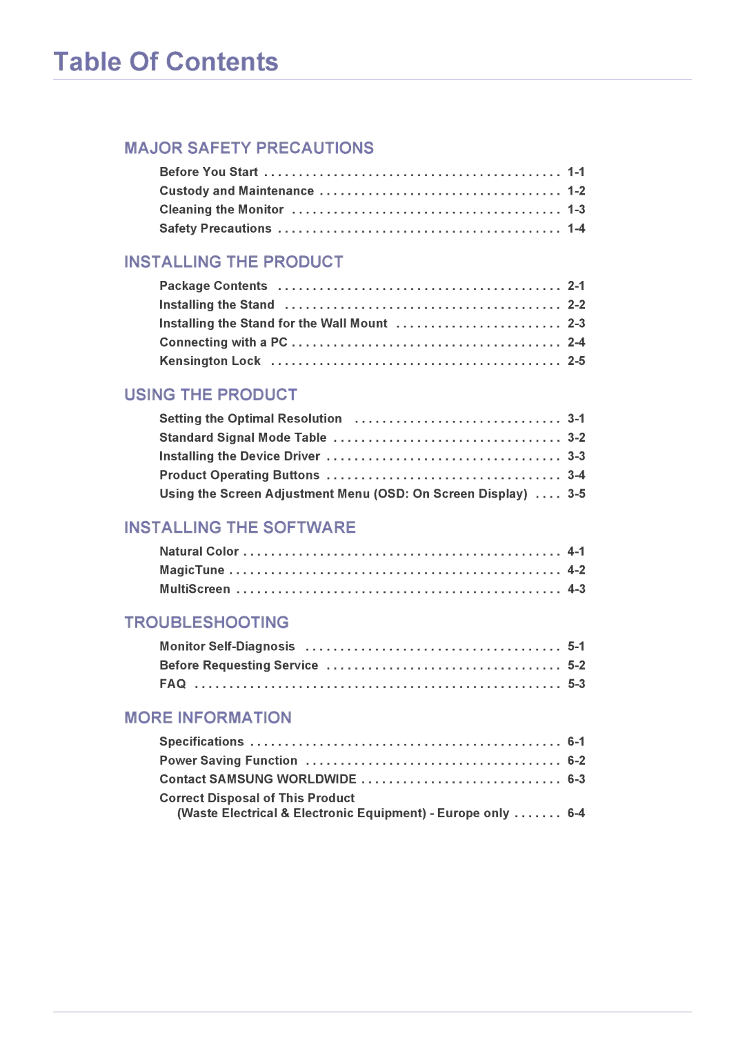 Samsung S22A200B-2S, S19A200NW user manual Table Of Contents 