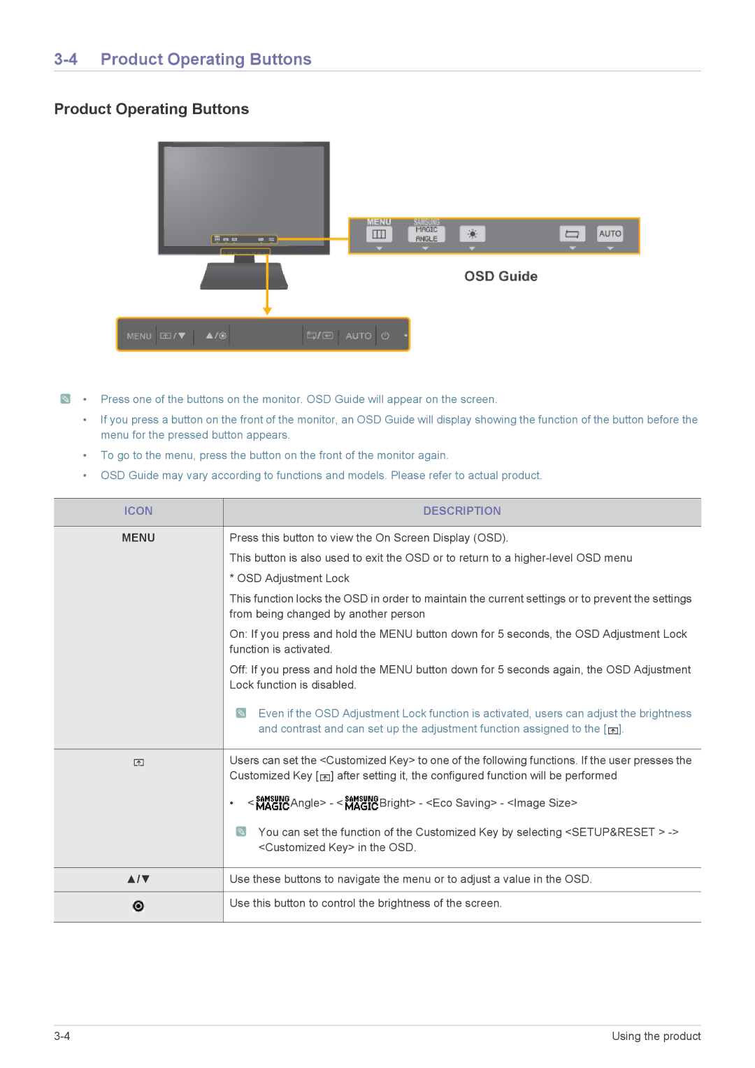 Samsung S19A200NW Product Operating Buttons, Icon Description, Contrast and can set up the adjustment function assigned to 