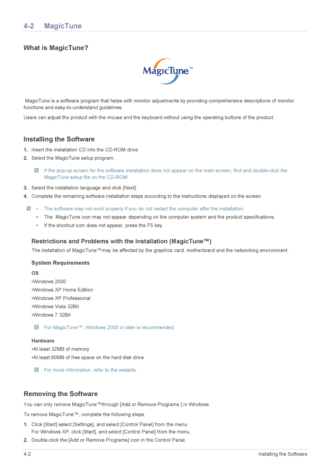 Samsung S22A200B-2S, S19A200NW user manual What is MagicTune?, Installing the Software, Removing the Software, Hardware 