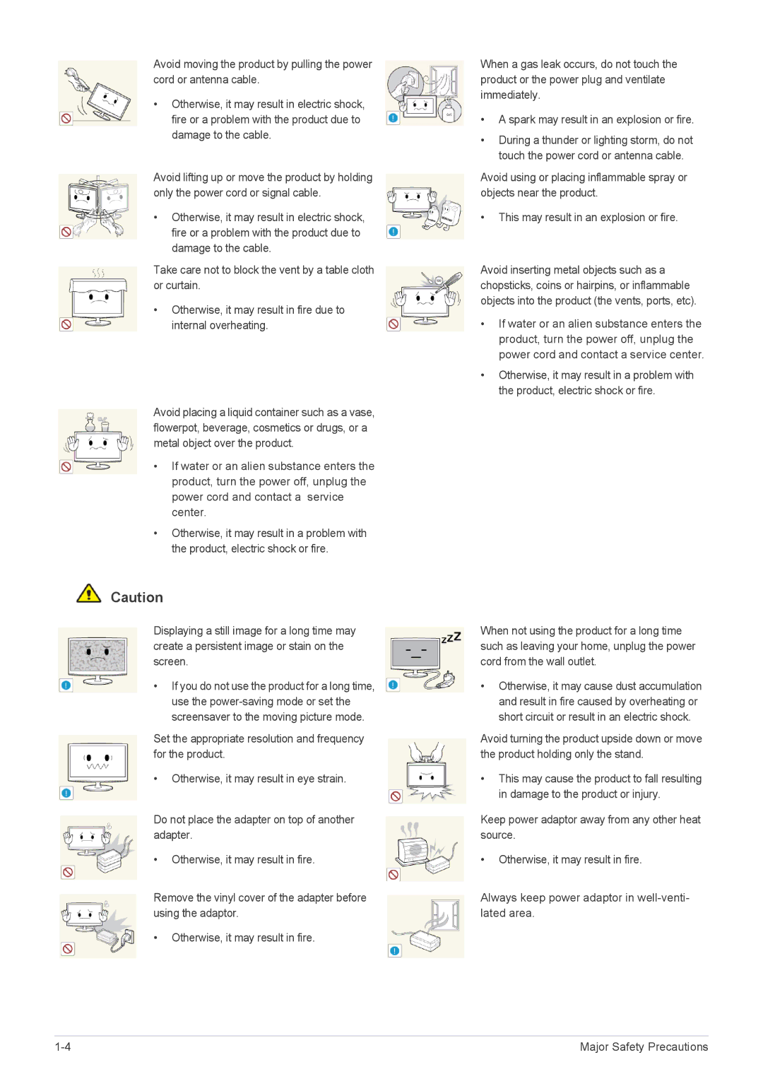 Samsung S19A450SW, S22A450SW, S24A450MW, S24A450SW, S24A450BW1, S22A450MW, S22A450BW Major Safety Precautions 