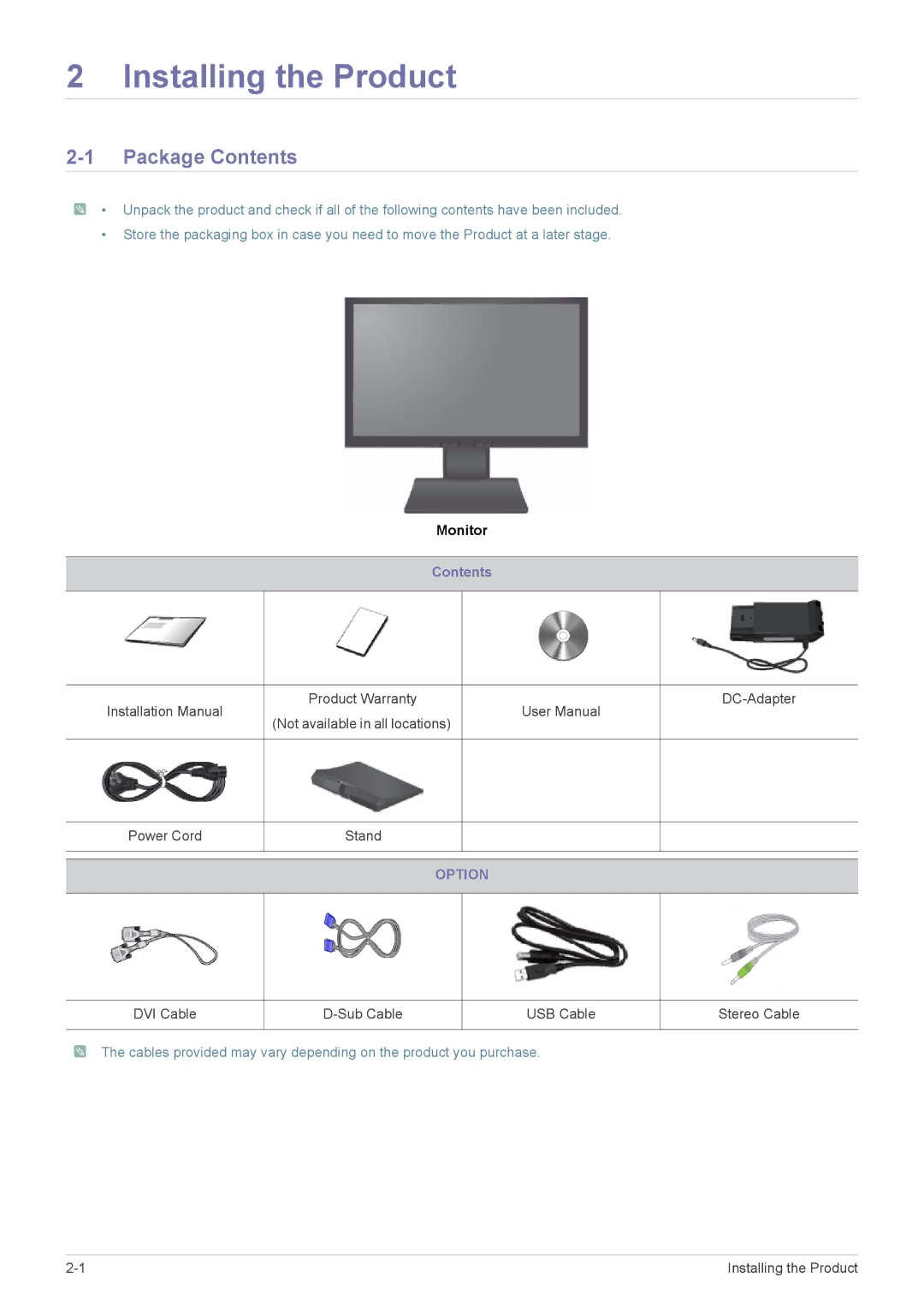 Samsung S19A450MR, S22A450SW, S24A450MW, S24A450SW, S24A450BW1, S22A450MW Installing the Product, Package Contents 